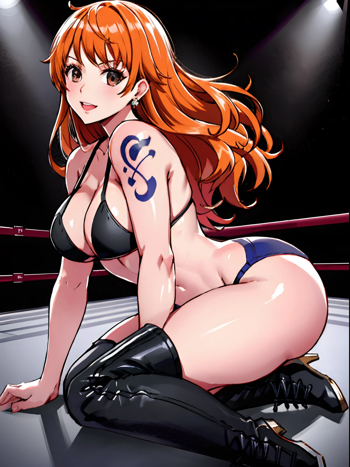 WALLPAPER, detailed background, front shot, pov, (wrestling stage, (crawling on four, crawling, hands on the floor),  wrestling ring, turnbuckles, spectators, watchers, fans), masterpiece, 8k, best quality, 1girl, solo, nami \(one piece\), 1girl, (detailed arms, strong arms, defined athlete body, stomach, left armband, thighs, seductive, plain black wrestling bikini, open mouth, wrestling boots), bangs, bare shoulders, medium breasts, sharp eyes, brown eyes, , cleavage, earrings, floating hair, groin, medium breasts, long hair, looking at viewer, orange hair, shoulder tattoo, solo, stomach, tattoo