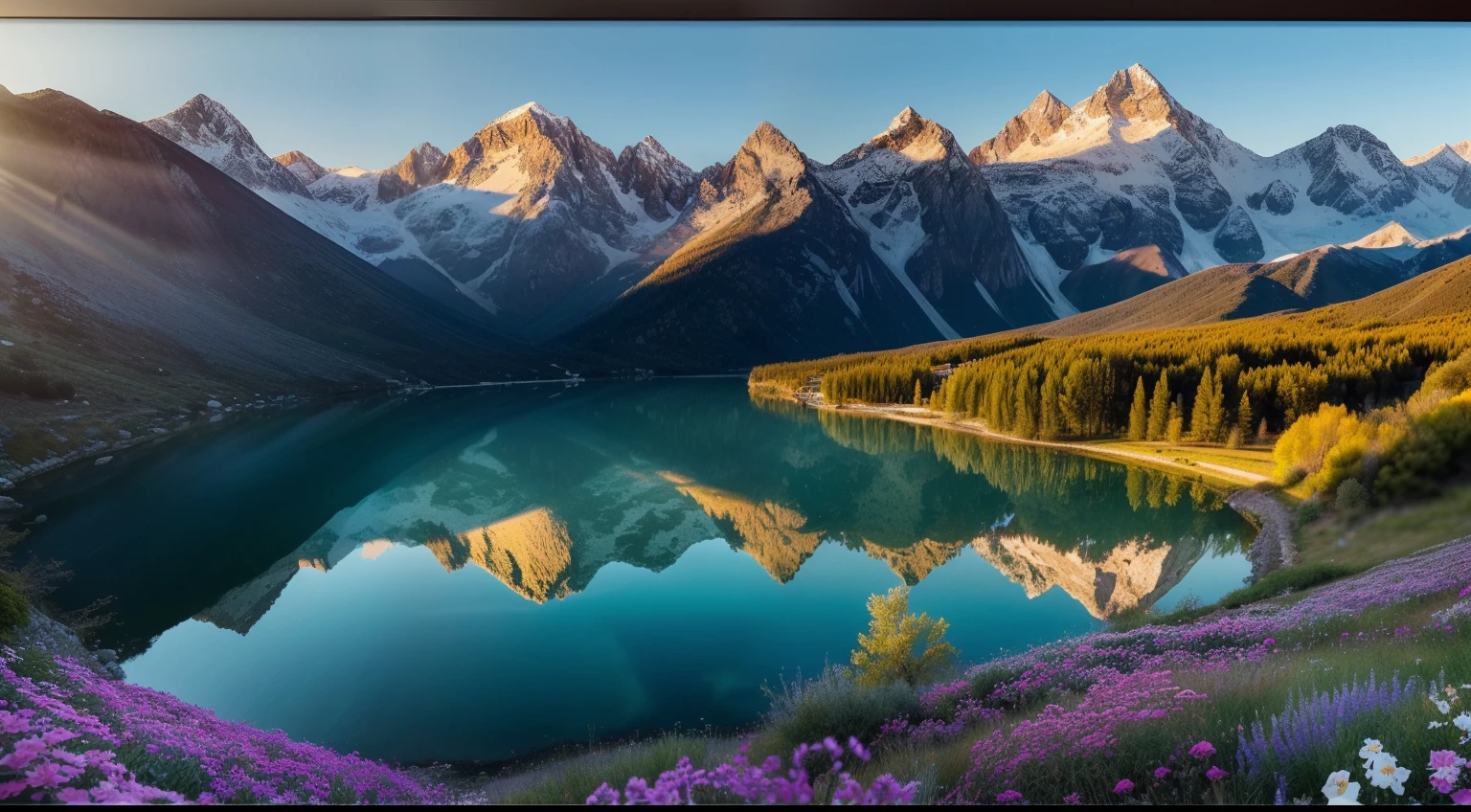 A mountainous landscape , un lago , Beautiful and Aesthetic, hora dorada rosa suave, crepusculo, beautiful aesthetic, Roses in movie lights, exuberantes flores al aire libre, nature and floral aesthetics, beautiful images, rosas, Fantastic aesthetics, Arte de Alberto Severo, salpicaduras y gotas congeladas multicolores, dream, Pintura digital surrealista , brillos tornasolados, efectos 3D, Ultra HD(obra maestra: 1.6, mejor calidad), (ojos hermosos y detallados finos: 1.2), (fondo de pantalla CG unidad 8k extremadamente detallado, obra maestra, Super detailed, mejores sombras), (fondo detallado), alto contraste, (better lighting, extremadamente delicada y hermosa), ((salpicadura de pintura de color sobre fondo transparente, Dulux,)), ((Caustic) ), angles dynamic, hermoso brillo de detalle,