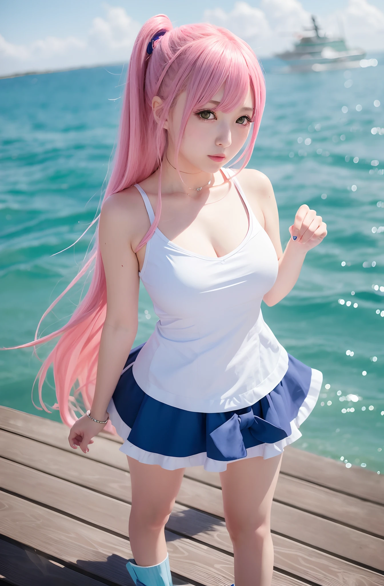 "Blue Lane Style Marine Kitagawa Fan Art:Anime girl with pink hair and blue dress standing on dock,Cute Waifu Shapes,beautiful outfit,long hair flowing,Anime-style artwork,Scenes from《azur lane》Gbez style in video games,Beautiful Anime Female Waifu。"