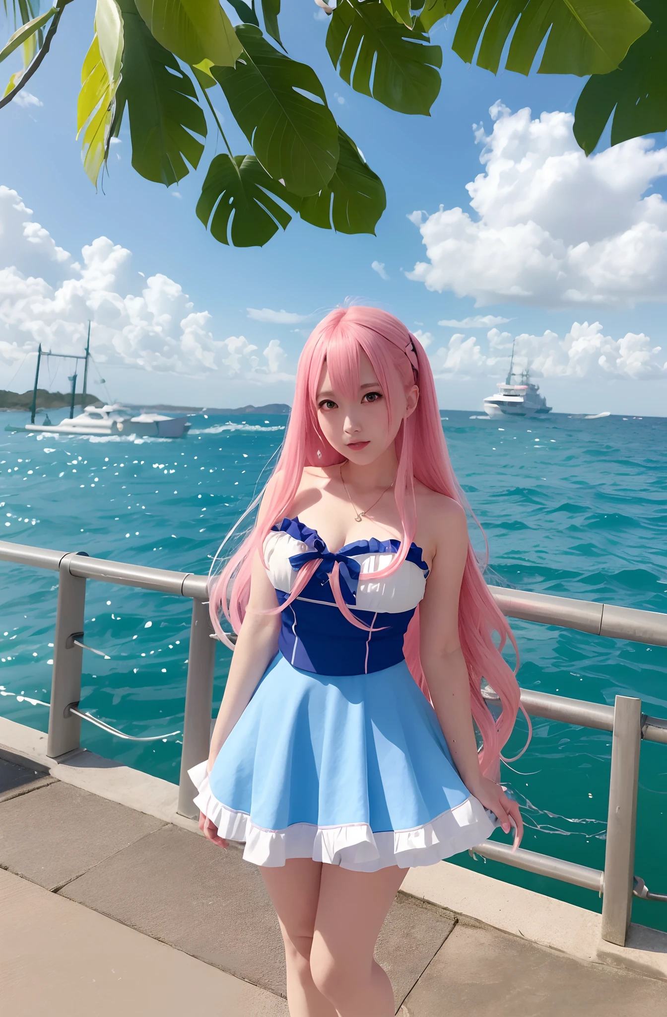 "Blue Lane Style Marine Kitagawa Fan Art:Anime girl with pink hair and blue dress standing on dock,Cute Waifu Shapes,beautiful outfit,long hair flowing,Anime-style artwork,Scenes from《azur lane》Gbez style in video games,Beautiful Anime Female Waifu。"
