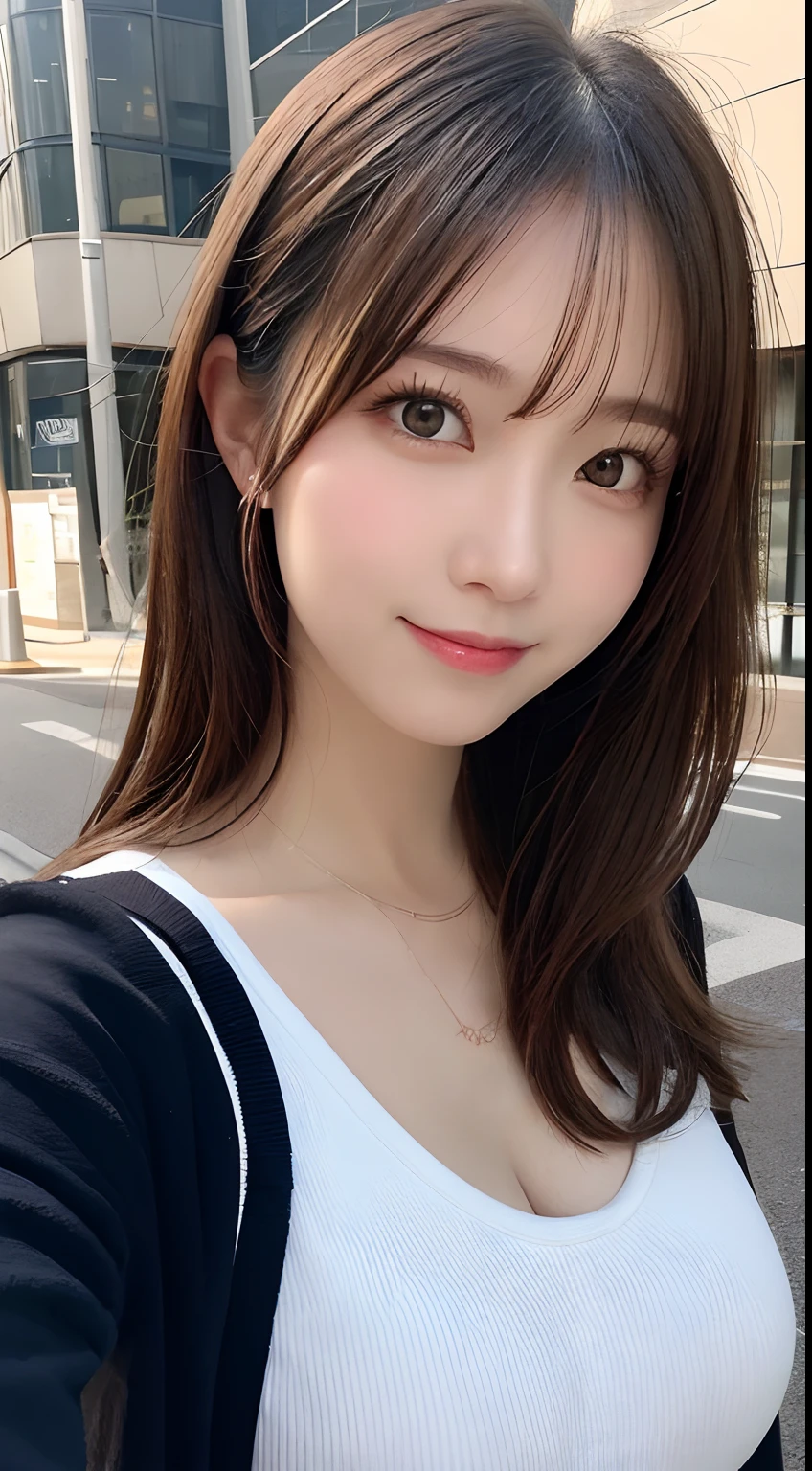 masutepiece, Best Quality, Illustration, Ultra-detailed, finely detail, hight resolution, 8K Wallpaper, Perfect dynamic composition, Beautiful detailed eyes, doress,Medium Hair, Big breasts, Natural Color Lip, Random and sexy poses,Smile,Aoyama Street Walk、20 years girl