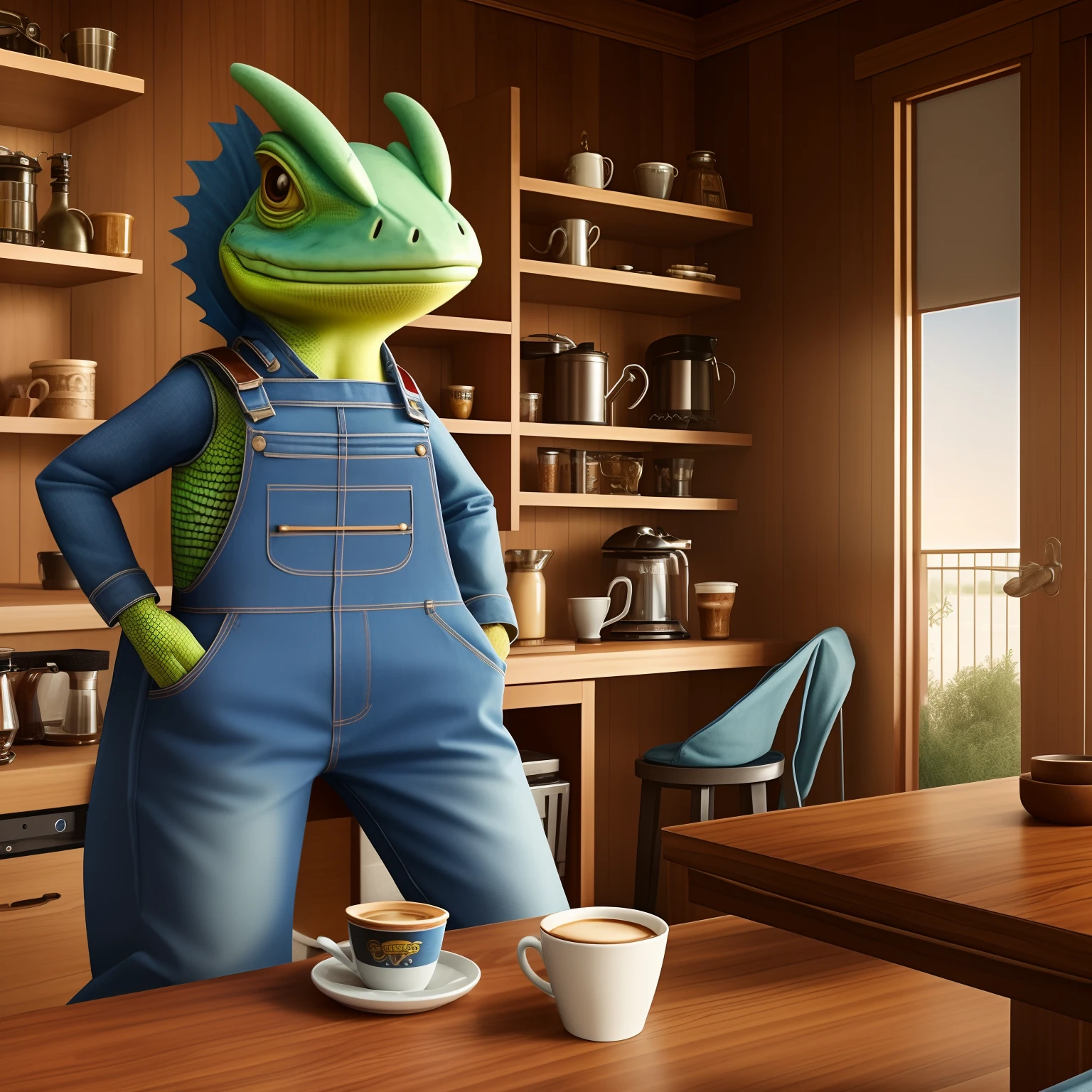 An anthropomorphic lizard dressed in denim overalls brews coffee in her fully furnished home, lots of details