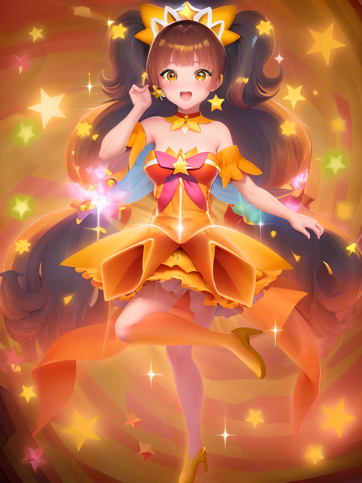 Cartoon image of a girl in a star dress, Cute, Official art, Orange and yellow costume, !!Full body portrait!!, official artwork, marin kitagawa fanart, Beautiful, He has long orange-brown hair, Sparkling Magical Boy, Nami, Ultra Mega Super Hyper Beautiful