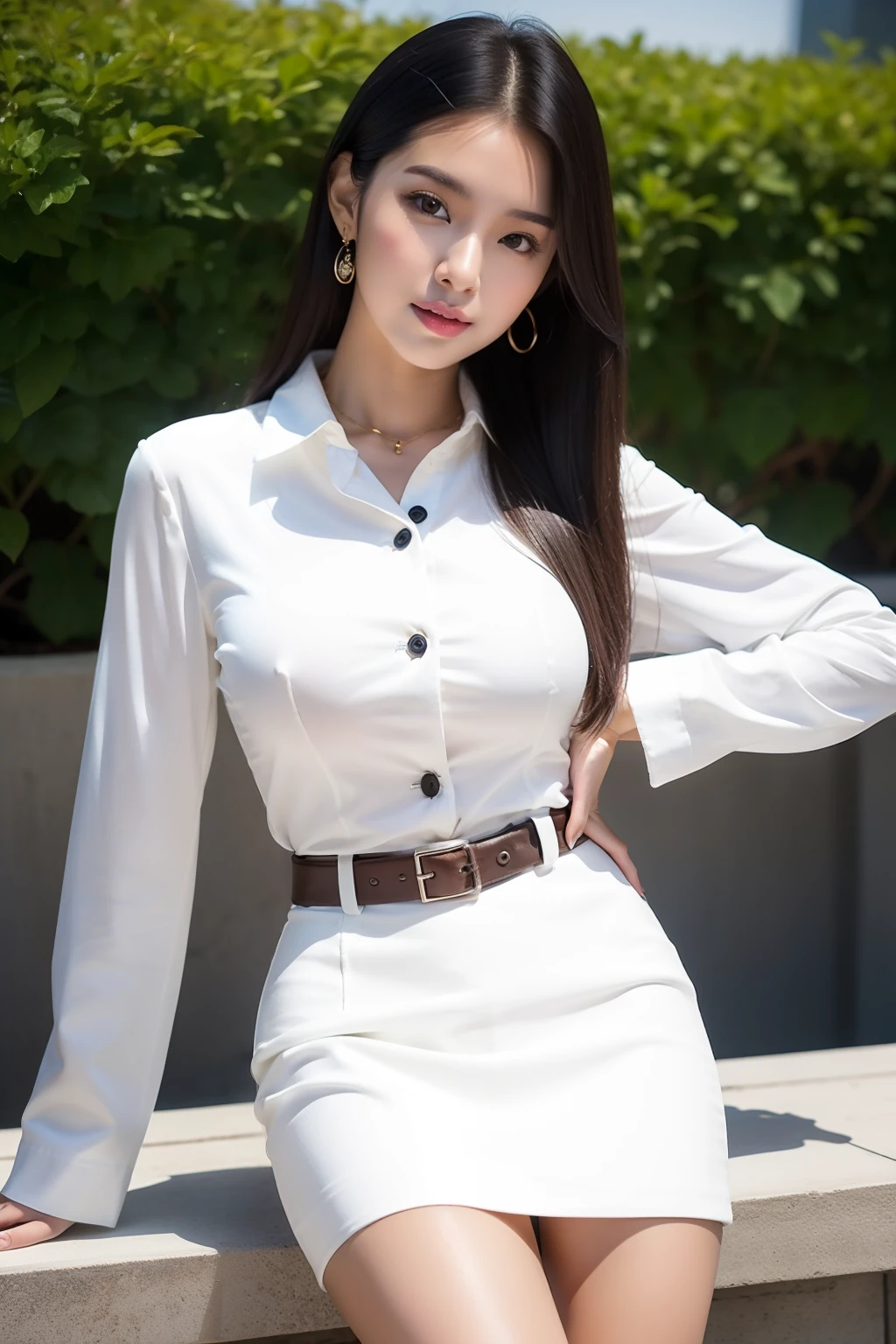 arafed asian woman in a white shirt and black skirt posing for a picture, jaeyeon nam, gorgeous young korean woman, beautiful south korean woman, korean girl, beautiful young korean woman, korean woman, heonhwa choe, korean women's fashion model, lee ji-eun, lee ji - eun, hwang se - on, smooth white tight clothes suit, sexy look, big breast