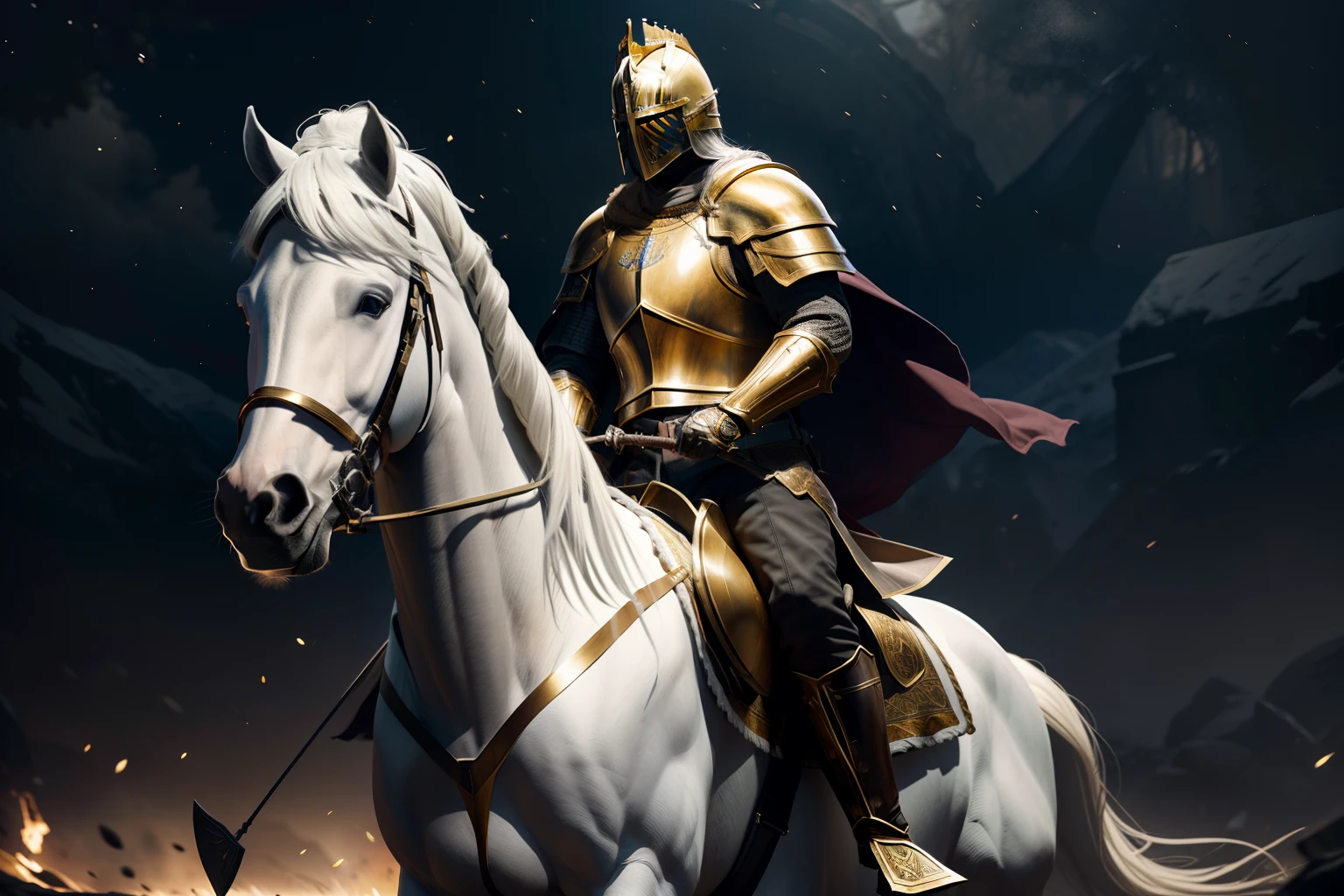 front view, full scene, full body, dark lighting, frontal vision, dark lighting, a knight rides a white horse that gallops, wears light armor and his helmet covers his face, having a golden crown on the top of his head, the rider wields a bow in his right hand, no background, photorealism, canon 50mm, 4k, HDR