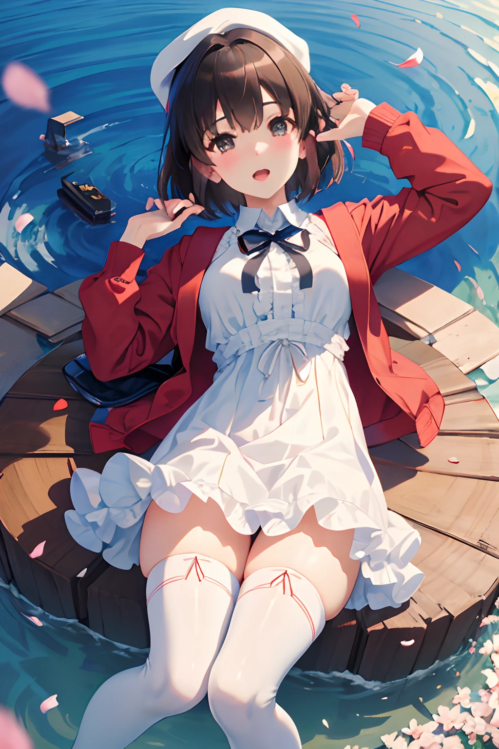 (masterpiece:1.6, best quality), (finely detailed beautiful eyes: 1.2), ph_katou, katouhdlong, solo, brown hair, hat, thighhighs, short hair, brown eyes, hat removed, dress, headwear removed, white thighhighs, white dress, holding hat, frilled thighhighs, bangs, open mouth, frills, red jacket, jacket, zettai ryouiki, petals, ribbon, holding, white headwear, blush
, lying on water, ocean, bay, (full body),