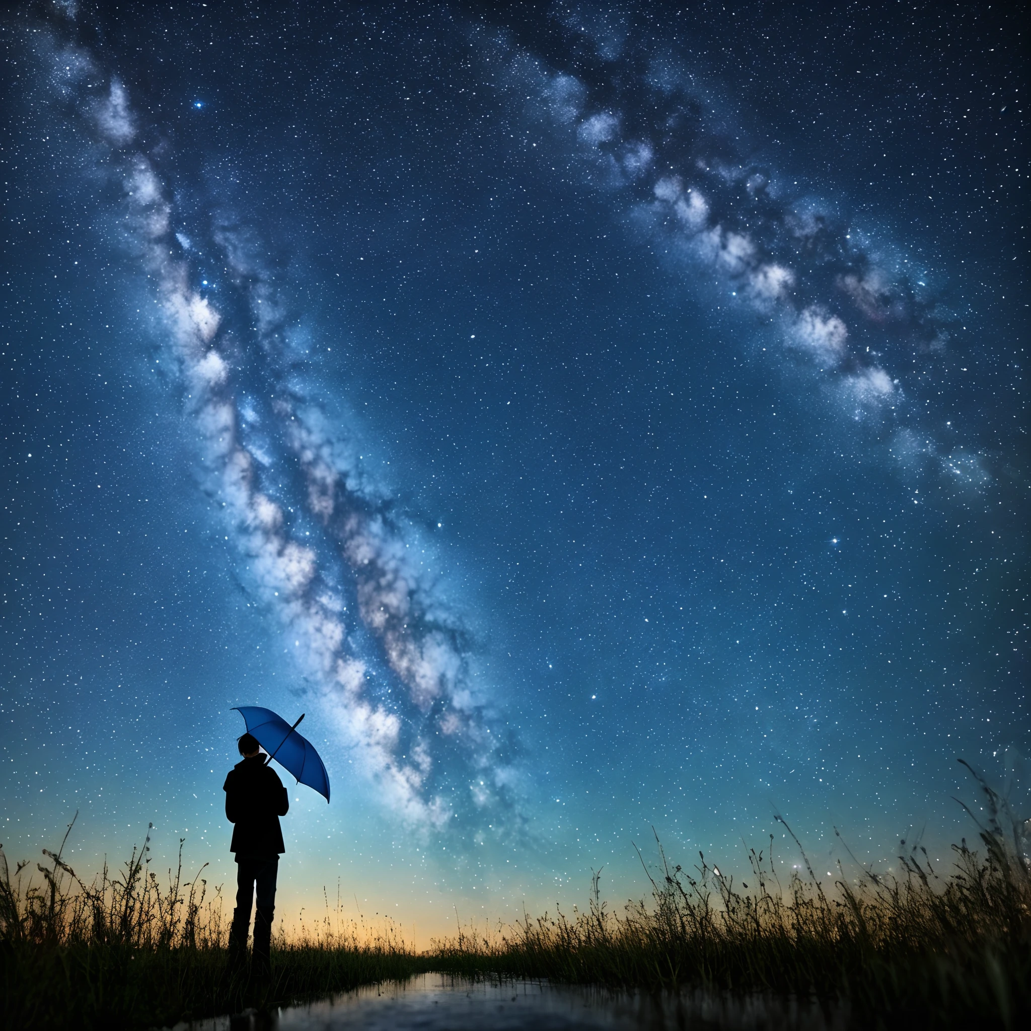 Alone in the rain is lonely。Blue umbrella。Boundless starry sky