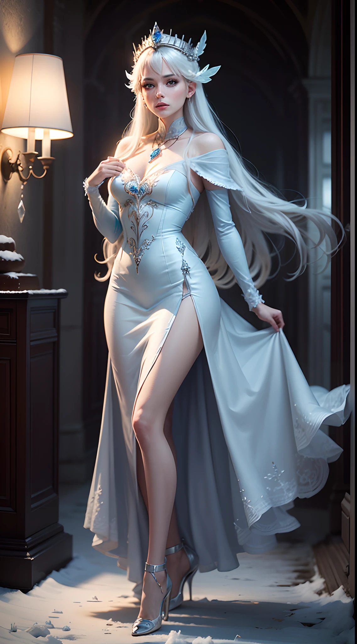 Snow Queen, Ice Blue Dress, Long Hair, Ice Headgear, Ice Crystal Necklace, Ice Wand, High Heels, Icy Eyes, Breath of the Ice Queen, Top Shot, Loose Hair, Master Works, Best Picture Quality, More Detail, Ultra High Resolution, Mood Lighting, Soft Light, Ambient Lighting, Pixiv Trend, Best Image Quality, More Detail, Ultra High Resolution, Ambient Lighting,