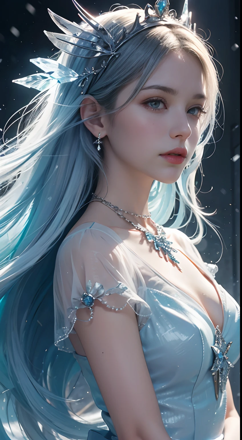Snow Queen, Ice Blue Dress, Long Hair, Ice Headgear, Ice Crystal Necklace, Ice Wand, High Heels, Icy Eyes, Breath of the Ice Queen, Top Shot, Loose Hair, Master Works, Best Picture Quality, More Detail, Ultra High Resolution, Mood Lighting, Soft Light, Ambient Lighting, Pixiv Trend, Best Image Quality, More Detail, Ultra High Resolution, Ambient Lighting,
