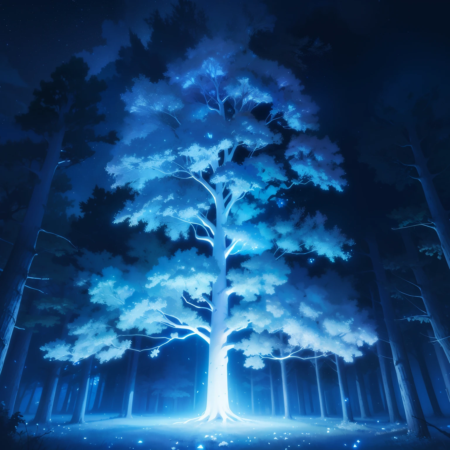 night, dark sky, luminous tree, giant tree, white bark with blue luminous veins, white leaves, stars, blue tones, wallpapers, high quality, glow, magic