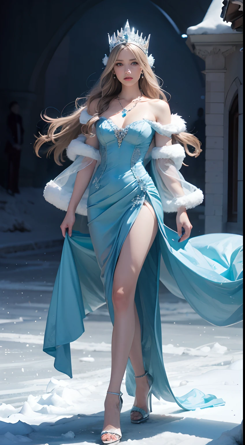 Snow Queen, Ice Blue Dress, Long Hair, Ice Headgear, Ice Crystal Necklace, Ice Wand, High Heels, Icy Eyes, Breath of the Ice Queen, Top Shot, Loose Hair, Master Works, Best Picture Quality, More Detail, Ultra High Resolution, Mood Lighting, Soft Light, Ambient Lighting, Pixiv Trend, Best Image Quality, More Detail, Ultra High Resolution, Ambient Lighting,