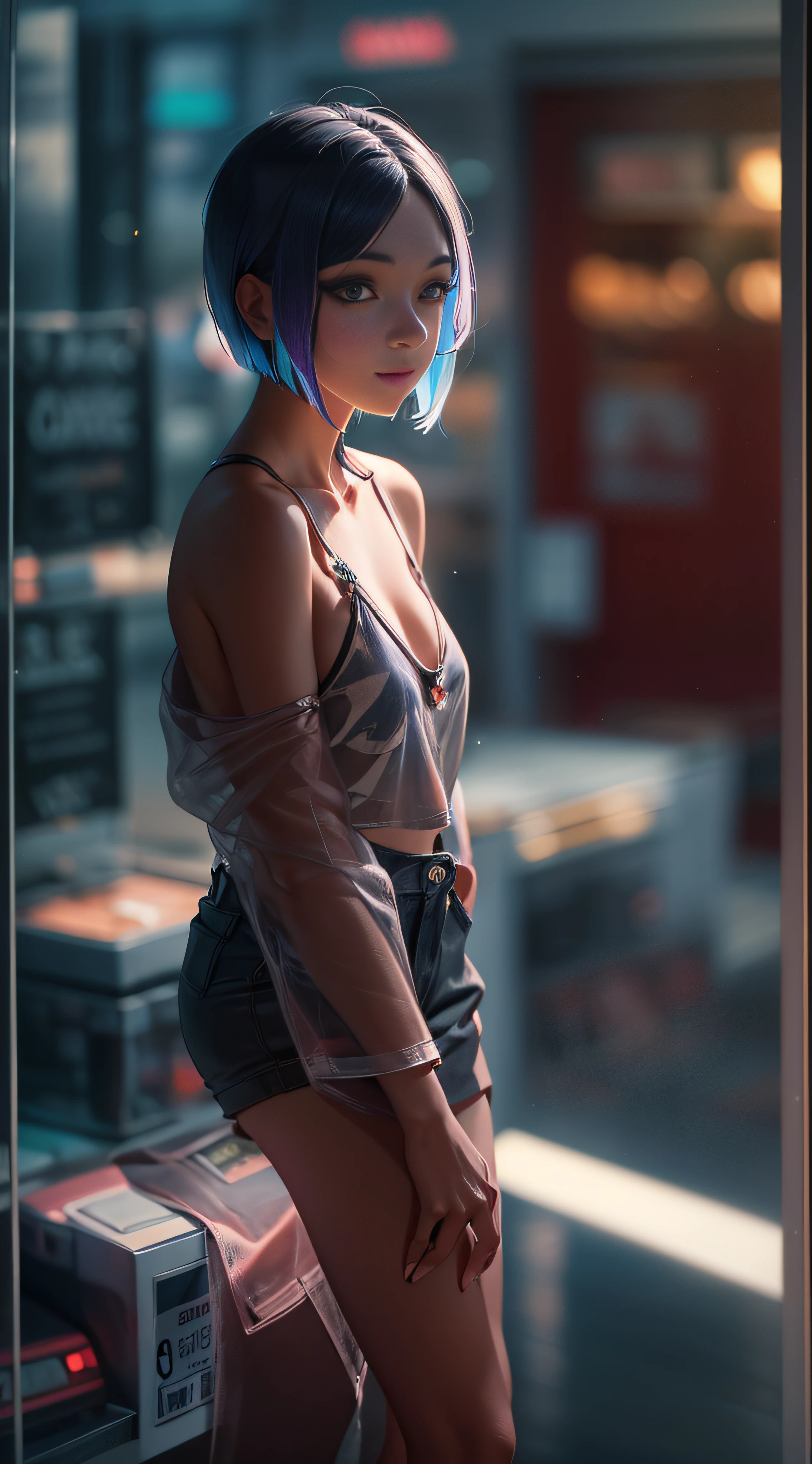 full body portrait photo of a stylish beautiful girl without clothes in a future convenience store, asymmetric hair cut, cyberpunk aestethic, heavenly beauty, 8k, 50mm, f/1. 4, high detail, sharp focus, cowboy shot, perfect anatomy, sunshine on her face, sunset, window side