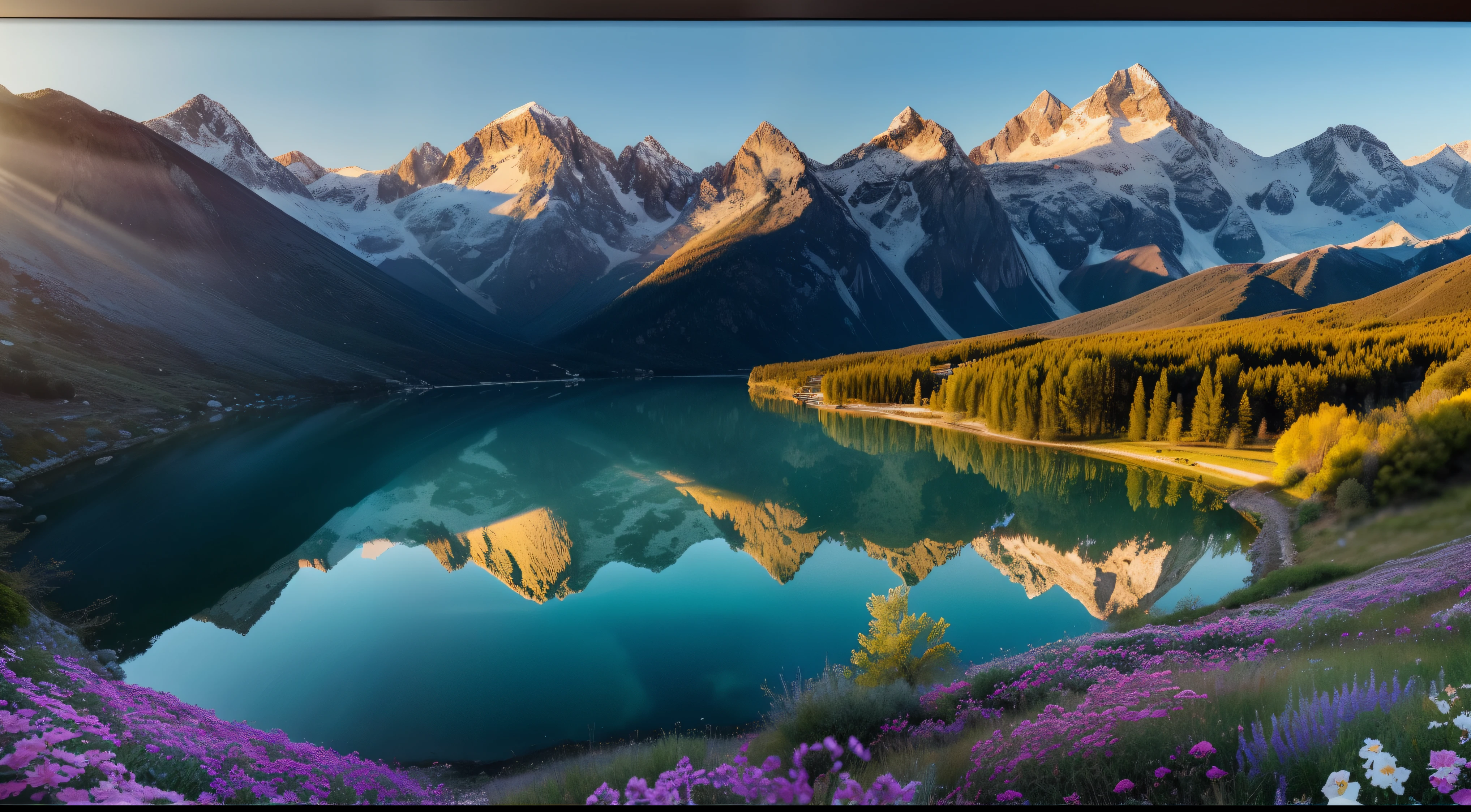 A mountainous landscape , un lago , Beautiful and Aesthetic, hora dorada rosa suave, crepusculo, beautiful aesthetic, Roses in movie lights, exuberantes flores al aire libre, nature and floral aesthetics, beautiful images, rosas, Fantastic aesthetics, Arte de Alberto Severo, salpicaduras y gotas congeladas multicolores, dream, Pintura digital surrealista , brillos tornasolados, efectos 3D, Ultra HD(obra maestra: 1.6, mejor calidad), (ojos hermosos y detallados finos: 1.2), (fondo de pantalla CG unidad 8k extremadamente detallado, obra maestra, Super detailed, mejores sombras), (fondo detallado), alto contraste, (better lighting, extremadamente delicada y hermosa), ((salpicadura de pintura de color sobre fondo transparente, Dulux,)), ((Caustic) ), angles dynamic, hermoso brillo de detalle,