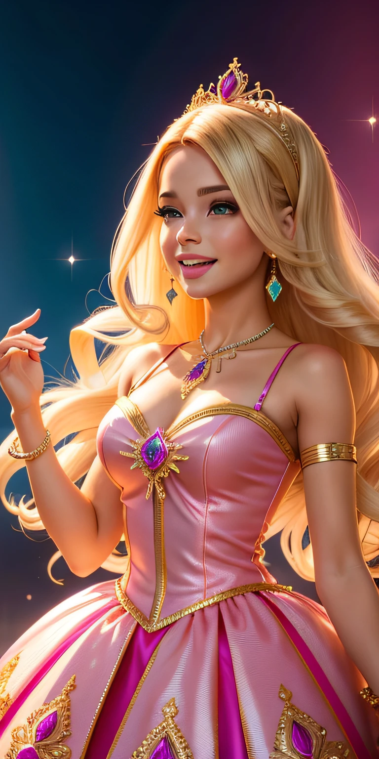 Uma foto de MSE uma mulher barbie, expression joyful, Cabelo loiro bonito movido pelo vento, vestido princesa movido pelo vento, design luminoso, pastels colors, gotas de tinta, Luzes de outono, joias, colar, braceletes, brinco, ( cabelo loiro: 1.1)