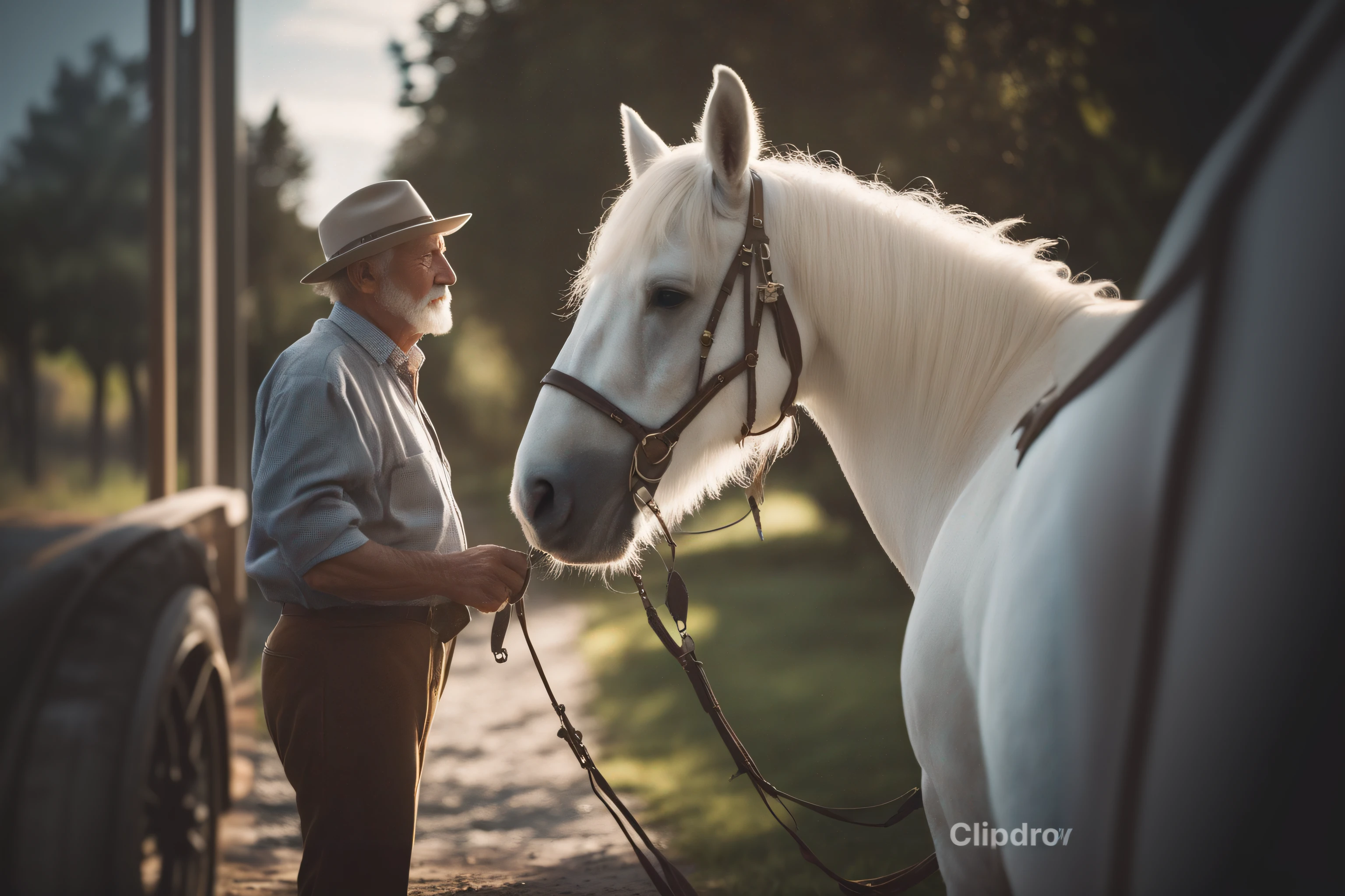 There is a man next to a white horse on a dirt road, Directed by: Andrew Wroblewski, by Hristofor Žefarović, Directed by: Gustav Kelety, fotografia equina, old man, O cavalo e seu menino, cavalo branco, com cavalo conduzido, Directed by: Emma Andijewska, cinematic photoshooting