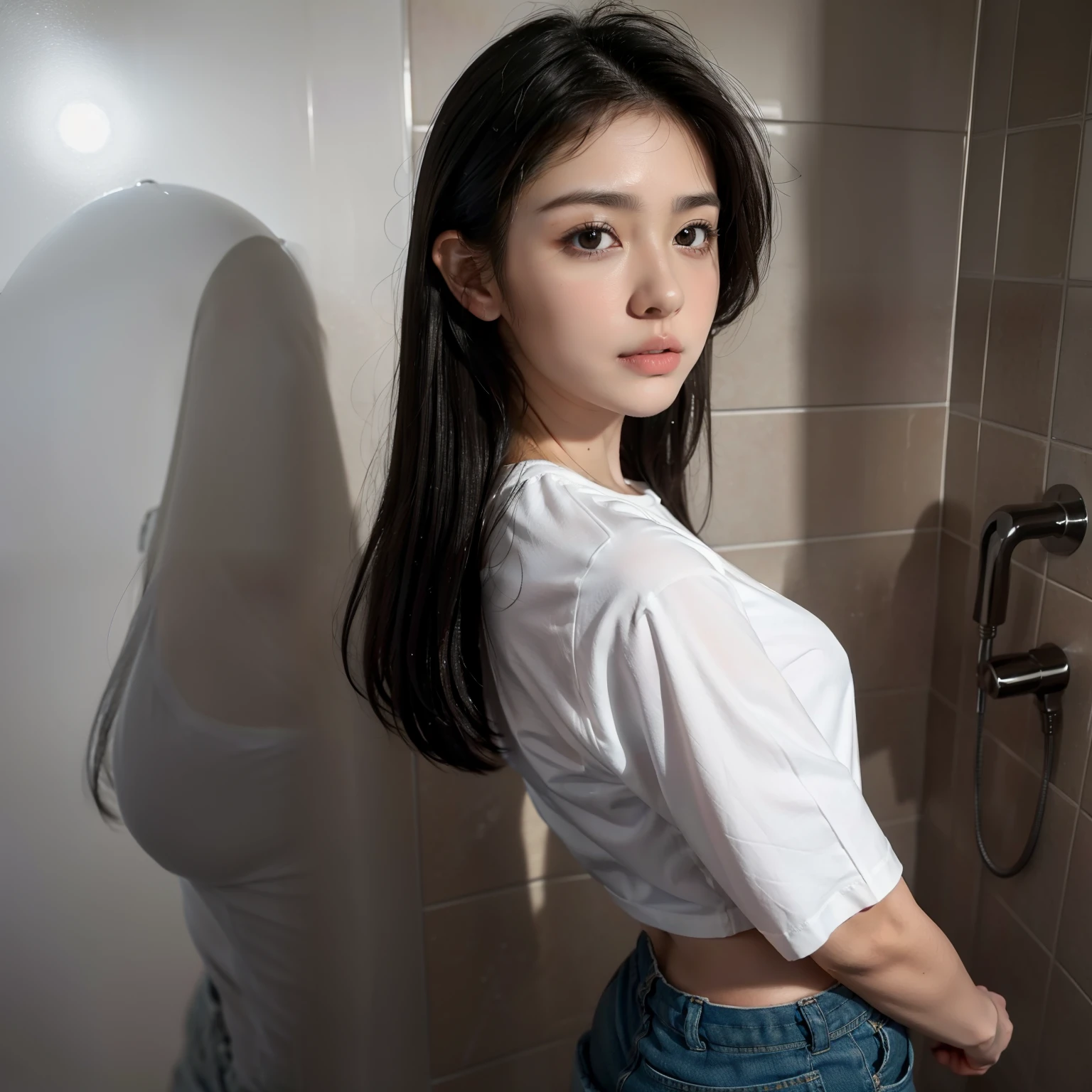 8K, Realistic, RAW Photos, Highest Quality, Ultra-high resolution
Natural light, Face, 21 Year Old Woman, A dark-haired, Straight hair, Short hair, Black eye, small head, Perfect, Perfect ass, Big eyes, Real Face, Textured skin, Erotic, (shortpants, Large white shirt) , (Shower room)、Japanese