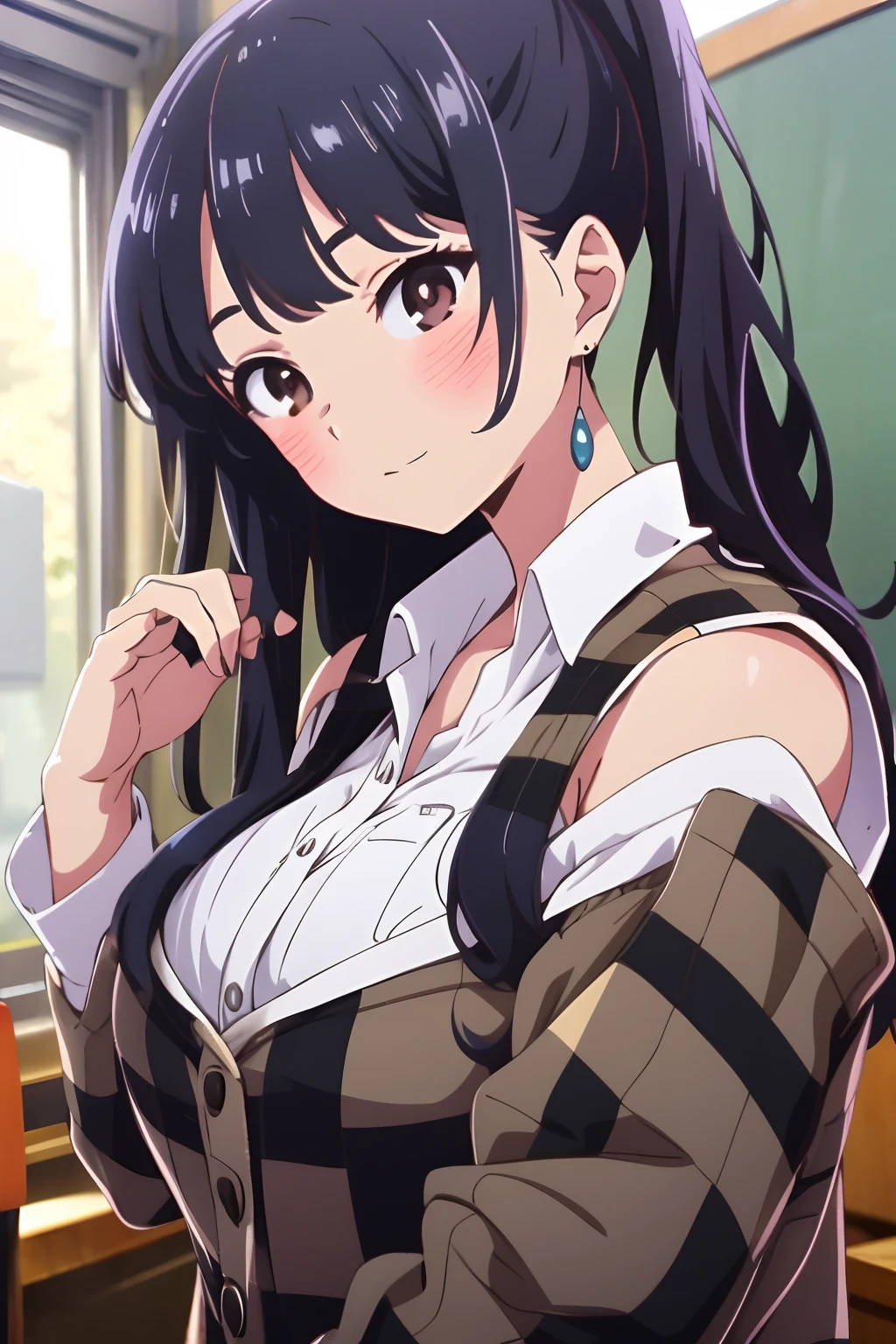 Anna yamada, school uniform, large breast, 1girl, ponytail, black hair, plaid, long hair, solo, brown eyes, blush, breasts, bangs, closed mouth, bare shoulders, highest quality, high resolution.