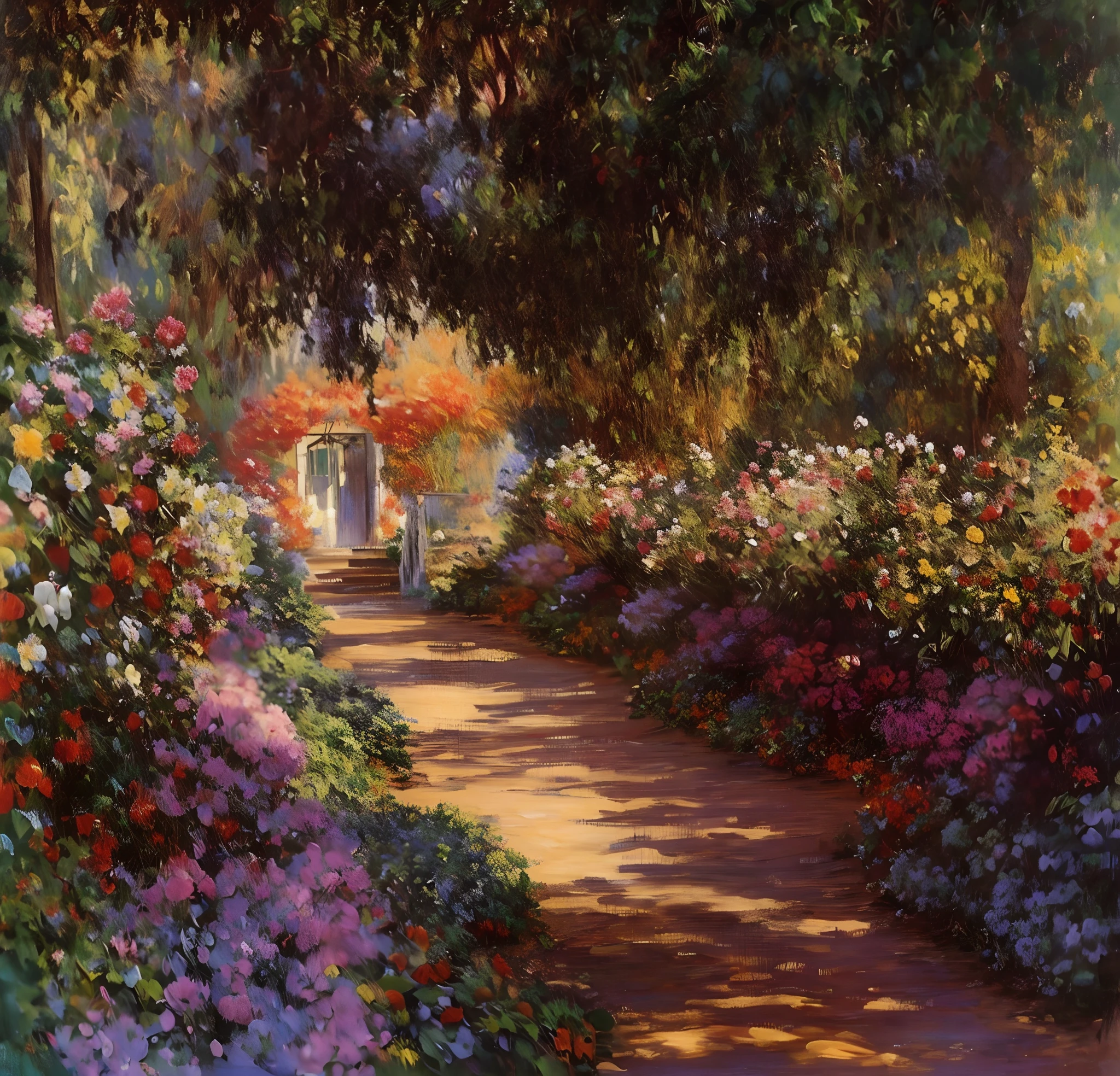 a painting of a path in a garden with flowers and trees, Directed by: Claude Monet, Directed by: Claude Monet, Cláudio Monet), por Monet, pintura muito, Carlos Muitos, jardim com flores, muito pintado, muito. Stunning lighting, Directed by: Blanche Hoschedé Monet, no jardim, Romantic Impressionism, paisagem do jardim, estilo de muito, em um jardim, Estilo de Claude Monet