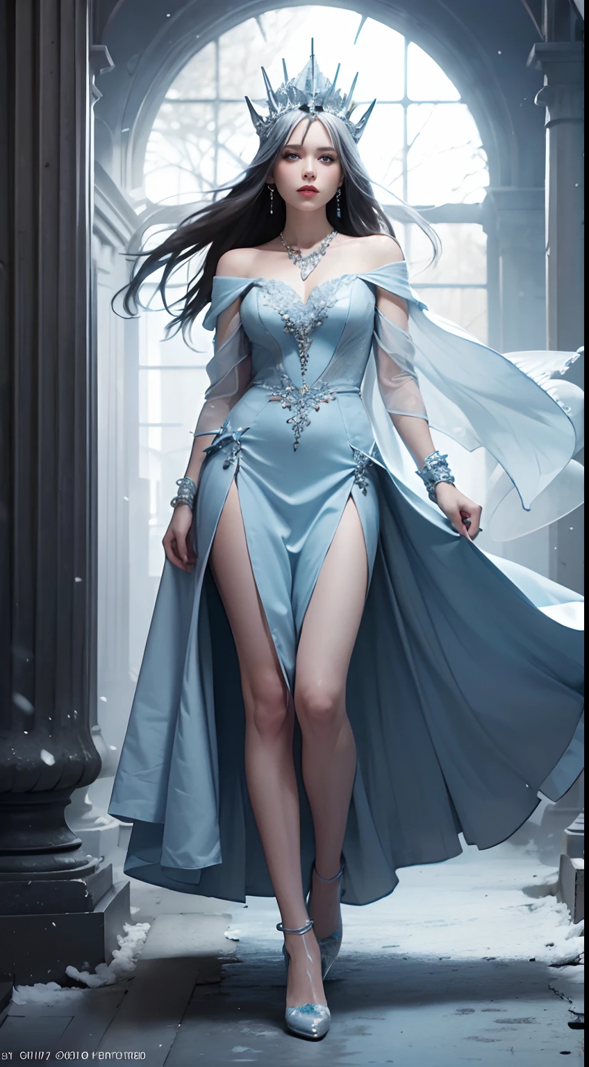 Snow Queen, Ice Blue Dress, Long Hair, Ice Headgear, Ice Crystal Necklace, Ice Wand, High Heels, Icy Eyes, Breath of the Ice Queen, Top Shot, Loose Hair, Master Works, Best Picture Quality, More Detail, Ultra High Resolution, Mood Lighting, Soft Light, Ambient Lighting, Pixiv Trend, Best Image Quality, More Detail, Ultra High Resolution, Ambient Lighting,