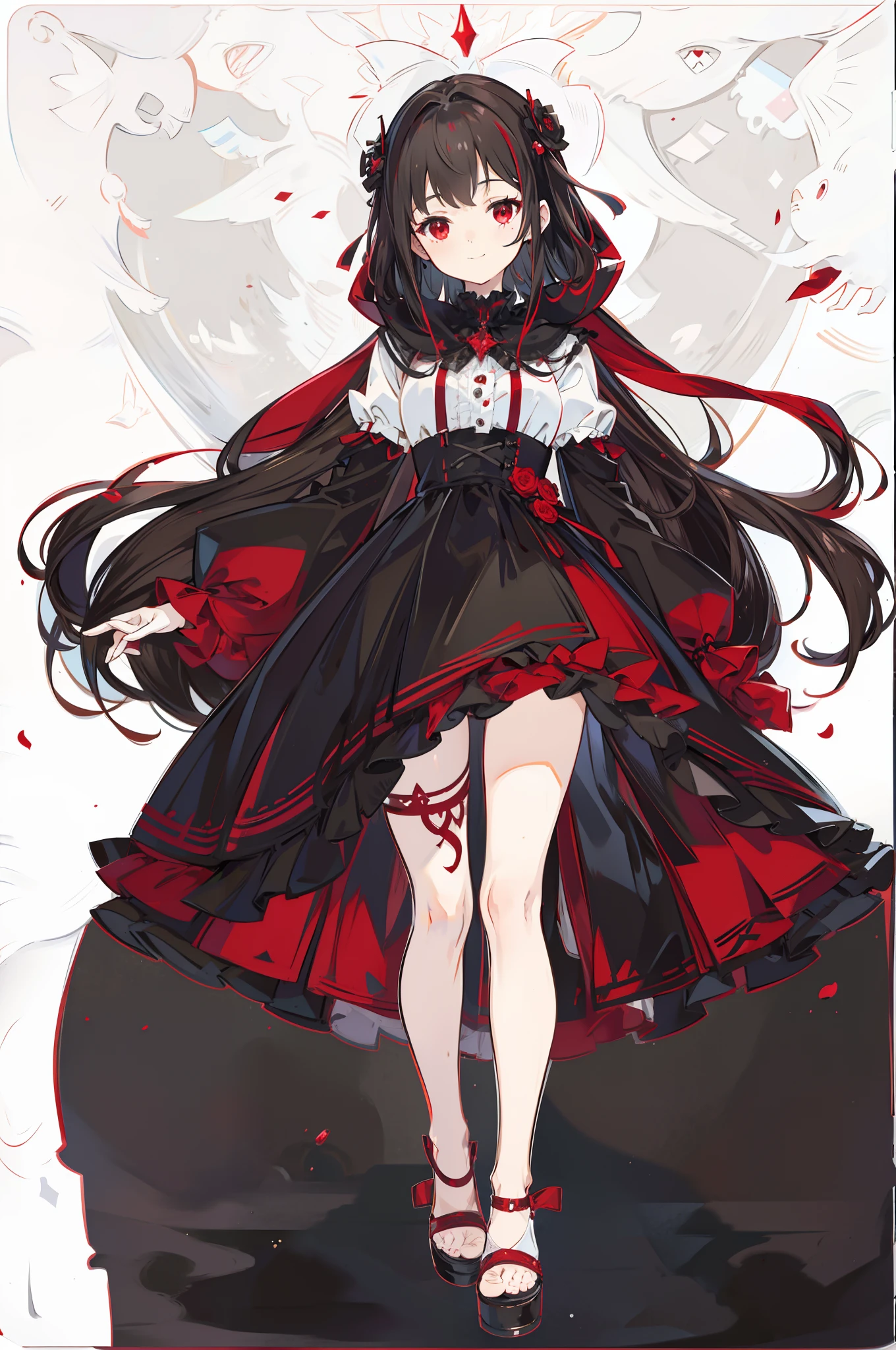 a smile、A dark-haired、red eyes、Black ta Clothing、White blouse up to the sleeves、White background