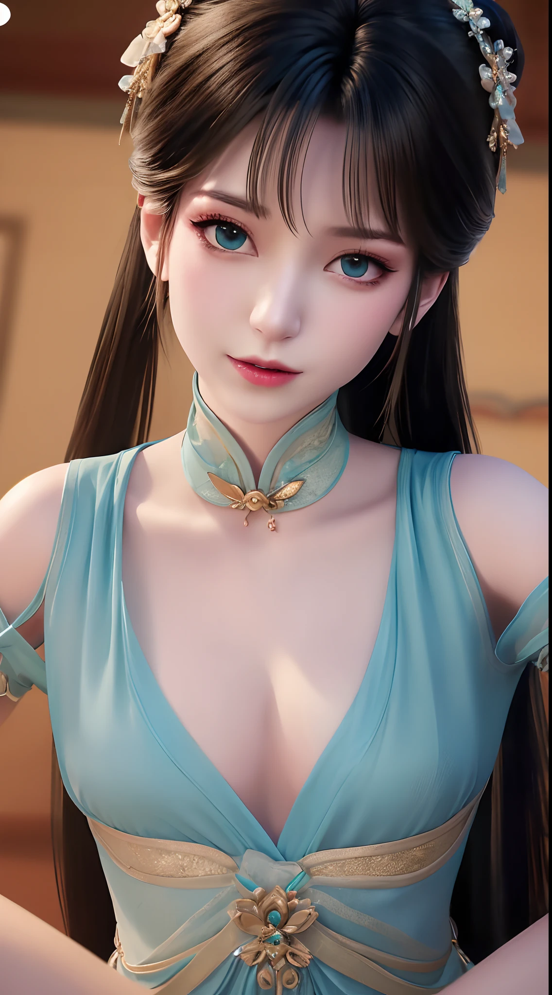 1 beautiful and cute realistic girl, tender young girl, waist length hair, long black hair with a hint of blue, light blue eyes, wearing a long, thin, blue dress with a hanfu style, ((blue dress with white lace border covering the girl's cleavage:0.8)), style hanfu, wearing a thin silk shirt of ancient China, pink and smooth white skin, wearing a discreet ancient style ao dai, appears shoulders and head in the photo,cute little face, eye bags under wet makeup, plump red lips, pout, ((closed mouth:1.0)), balanced incisors, embarrassed, small face makeup detailed and very beautifull, The breasts are super round and tight, breast augmentation, blum boobs, ((cover the girl's chest with a camisole inside:1.2)), blush, from front, wear earrings, necklaces, from above, looking at viewer, upturned eyes, upper body, masterpiece, top quality, best quality, official art, unity 8k wallpaper, highres, ultra-high res, ultra-detailed, (photorealistic:1.2), alone, solo, Only 1 girl, style hanfu Dunhuang, 10x pixels, super realistic, ultra high quality, full body view of the girl, upper body,