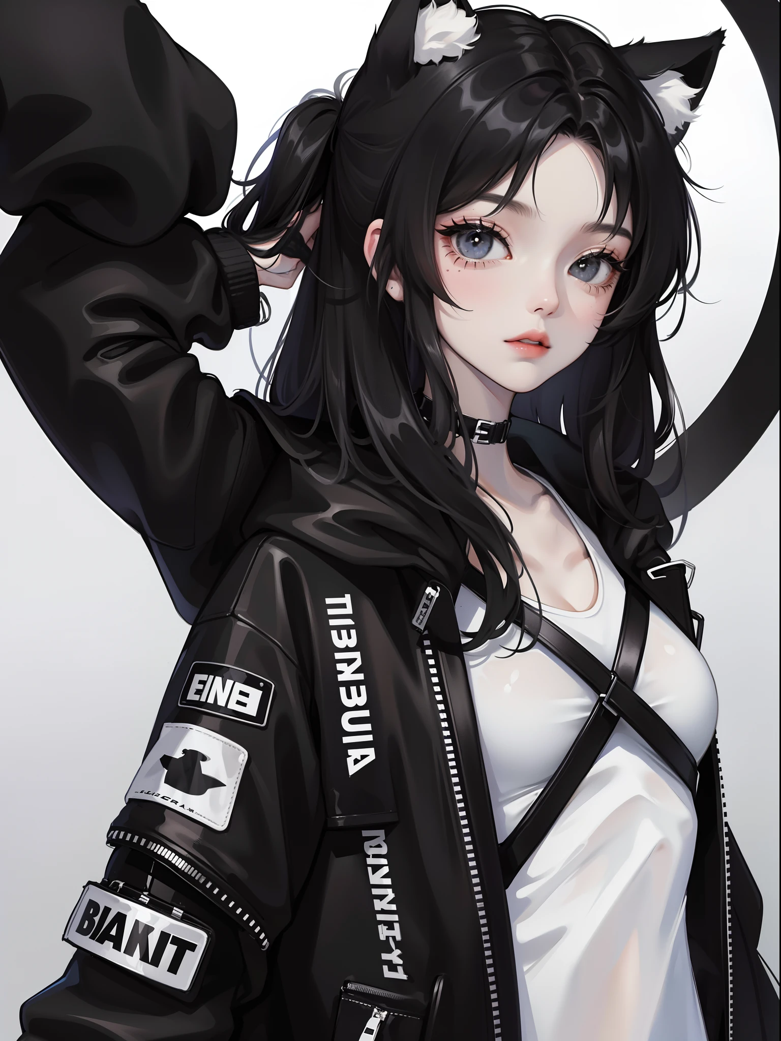 Close-up, one girl, cat ears, black hair, black eyes, black and white streetwear clothes, black and white accessories