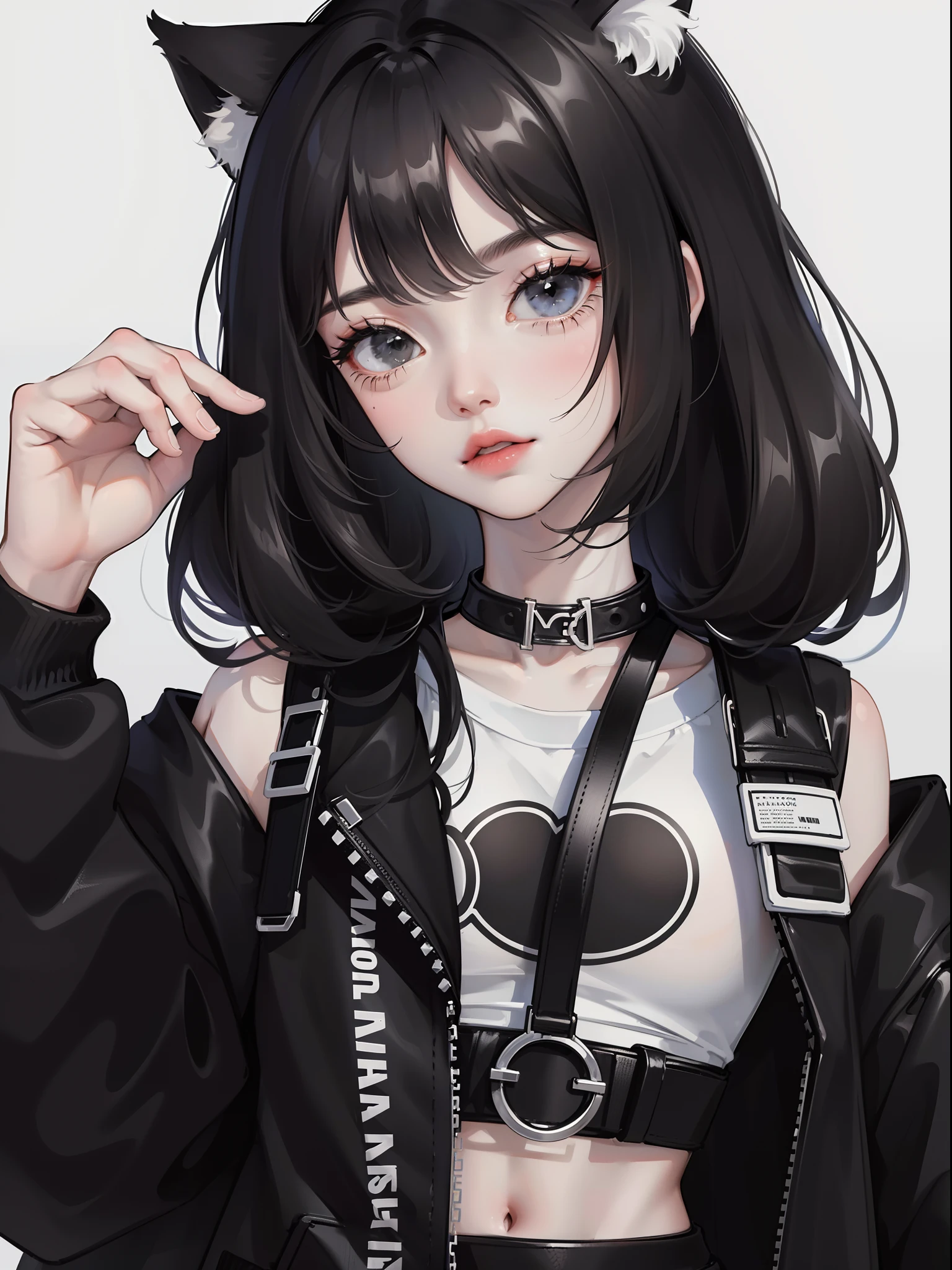 Close-up, one girl, cat ears, black hair, black eyes, black and white streetwear clothes, black and white accessories