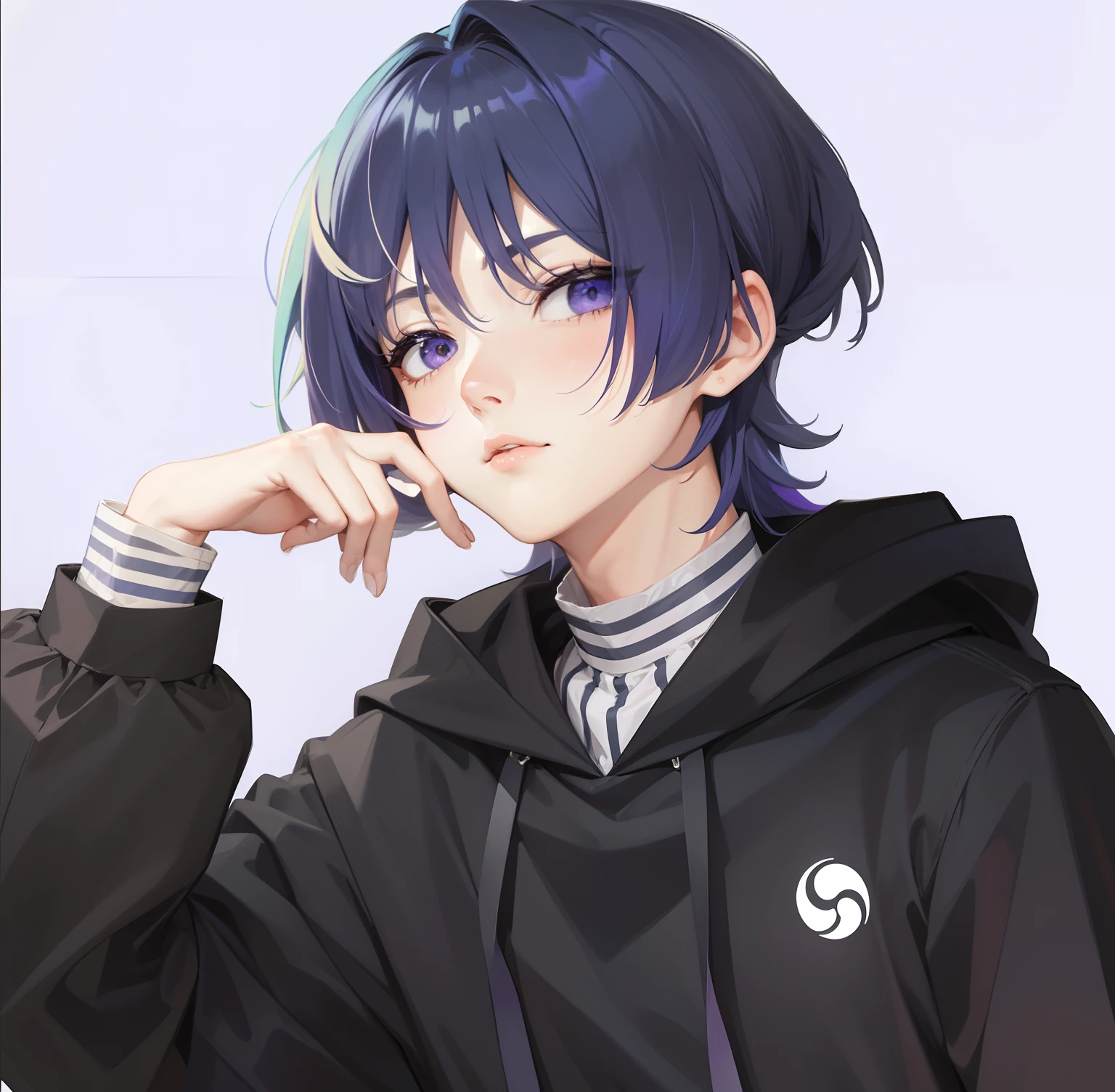 Deep blue hair,Lilac eyes,Gender male