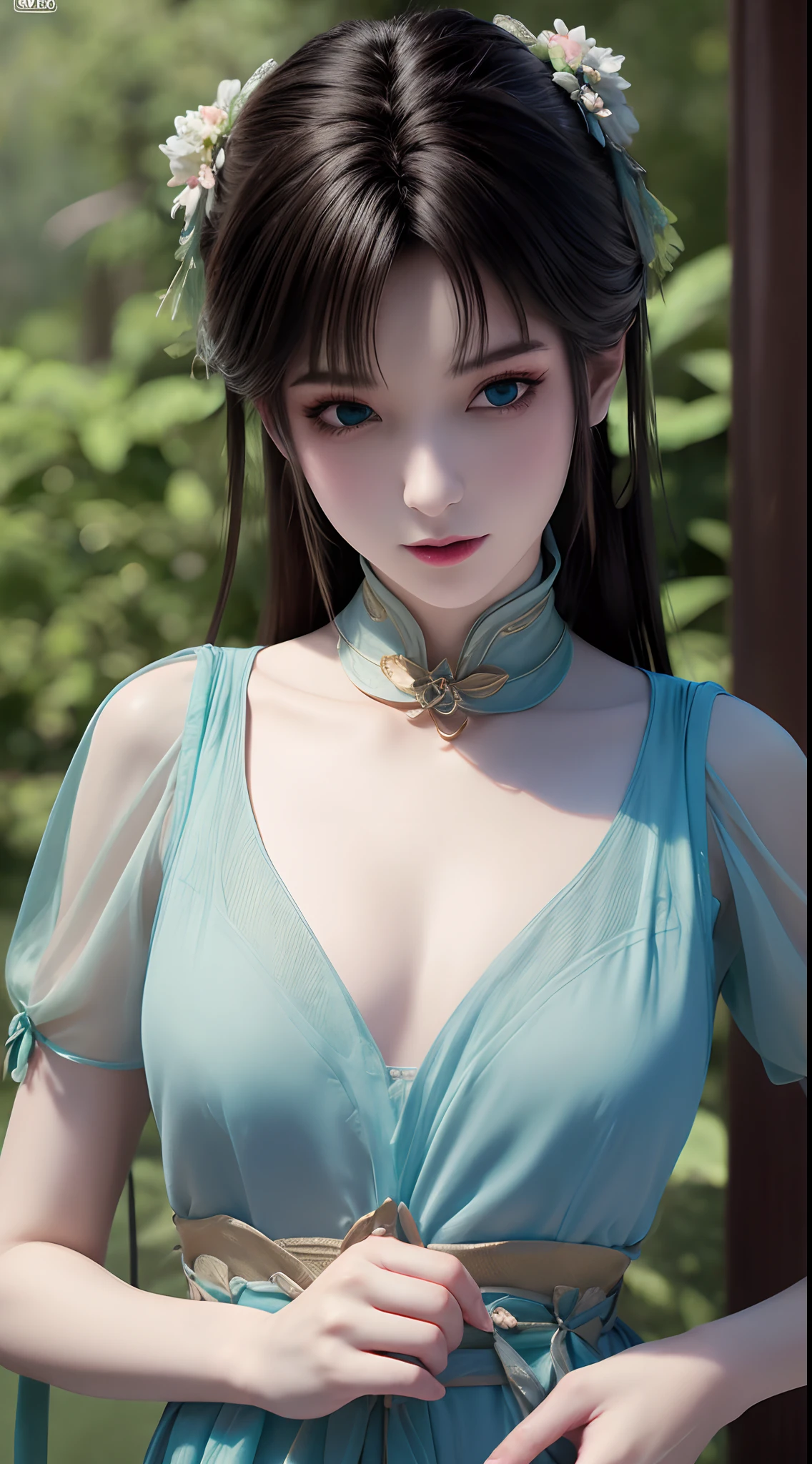 1 beautiful and cute realistic girl, tender young girl, waist length hair, long black hair with a hint of blue, light blue eyes, wearing a long, thin, blue dress with a hanfu style, ((blue dress with white lace border covering the girl's cleavage:0.8)), style hanfu, wearing a thin silk shirt of ancient China, pink and smooth white skin, wearing a discreet ancient style ao dai, appears shoulders and head in the photo,cute little face, eye bags under wet makeup, plump red lips, pout, ((closed mouth:1.0)), balanced incisors, embarrassed, small face makeup detailed and very beautifull, The breasts are super round and tight, breast augmentation, blum boobs, ((cover the girl's chest with a camisole inside:1.2)), blush, from front, wear earrings, necklaces, from above, looking at viewer, upturned eyes, upper body, masterpiece, top quality, best quality, official art, unity 8k wallpaper, highres, ultra-high res, ultra-detailed, (photorealistic:1.2), alone, solo, Only 1 girl, style hanfu Dunhuang, 10x pixels, super realistic, ultra high quality, full body view of the girl, upper body,