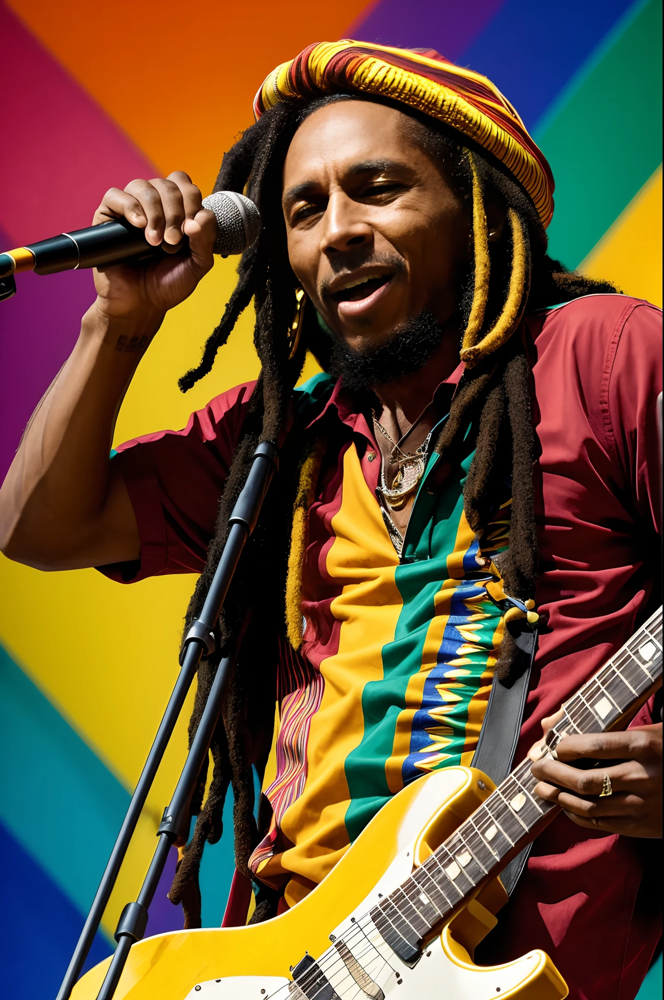 "Reggae legend Bob Marley in a captivating, vibrant artwork, concert stage, live performance, electric guitar."