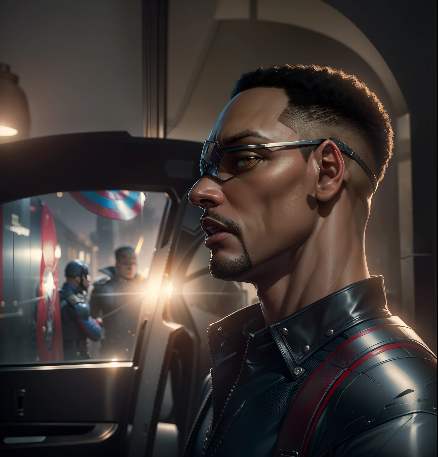 . .Tarantino style Will Smith as Captain America 8k, high definition, detailed face, detailed face, detailed eyes, detailed suit, in style of marvel and dc, hyper-realistic, + cinematic shot + dynamic composition, incredibly detailed, sharpen, details + superb details + evening with light + perfectionism + award winning realism ((moody lighting))