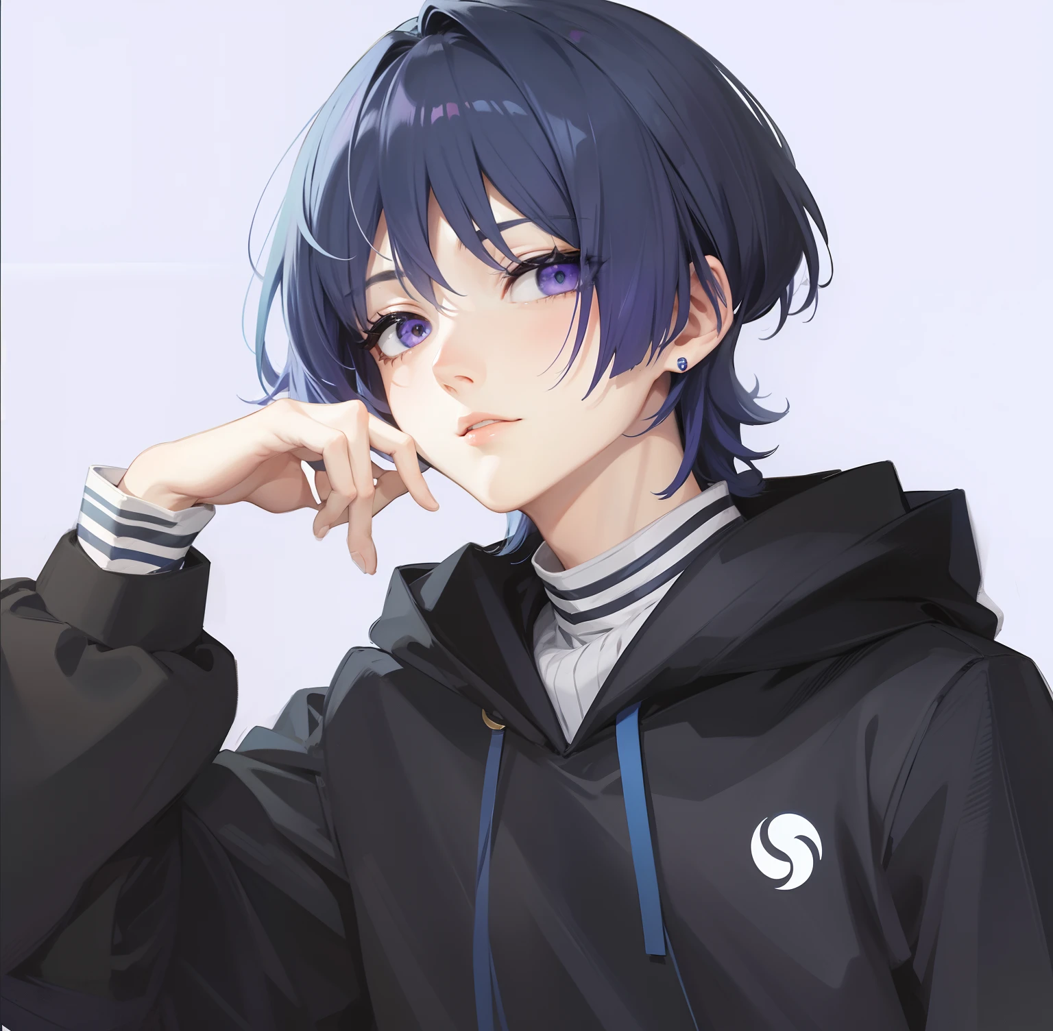 Deep blue hair,Lilac eyes,Gender male