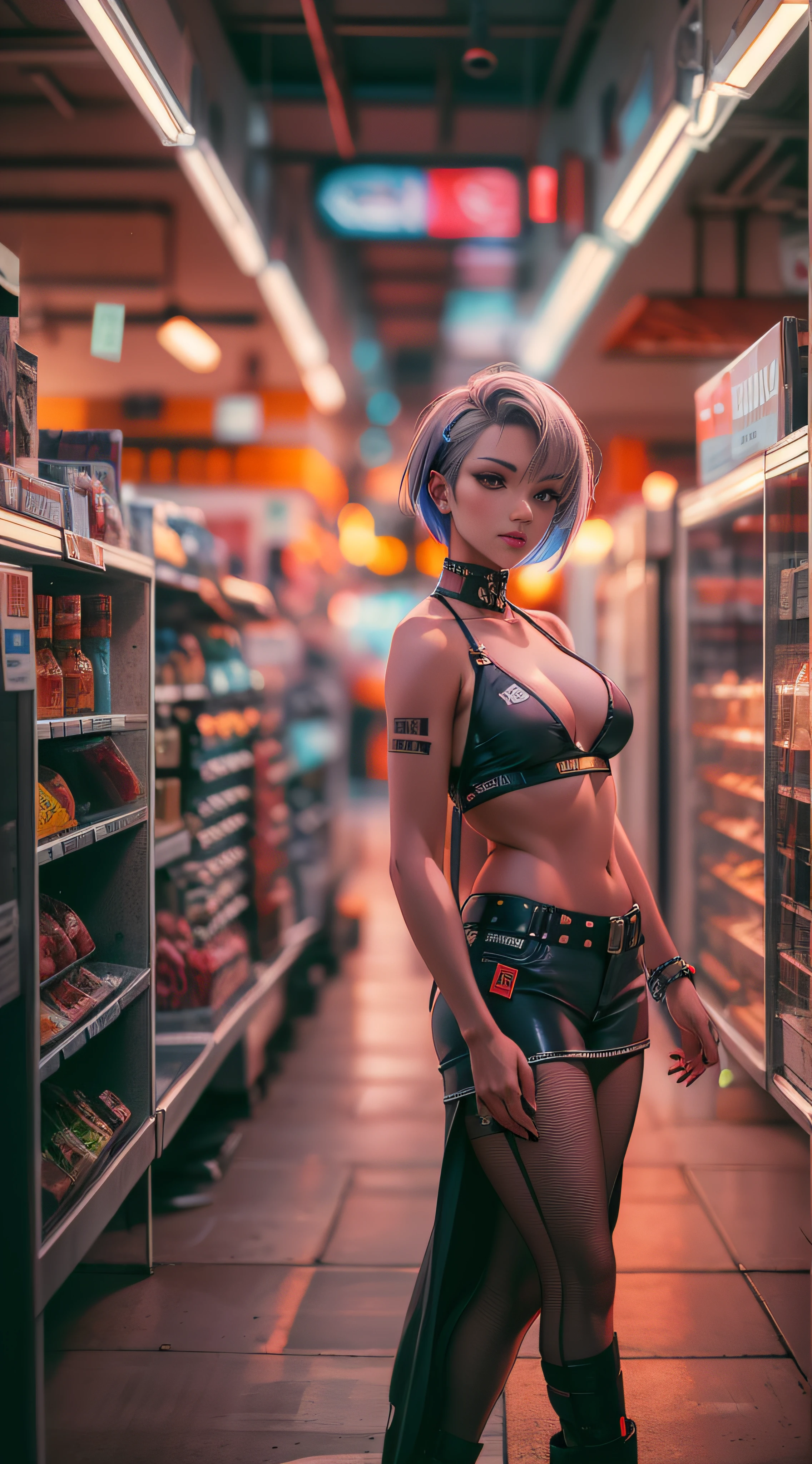full body portrait photo of a stylish beautiful girl without clothes in a future convenience store, asymmetric hair cut, cyberpunk aestethic, heavenly beauty, 8k, 50mm, f/1. 4, high detail, sharp focus, cowboy shot, perfect anatomy, sunshine on her face, sunset, window side