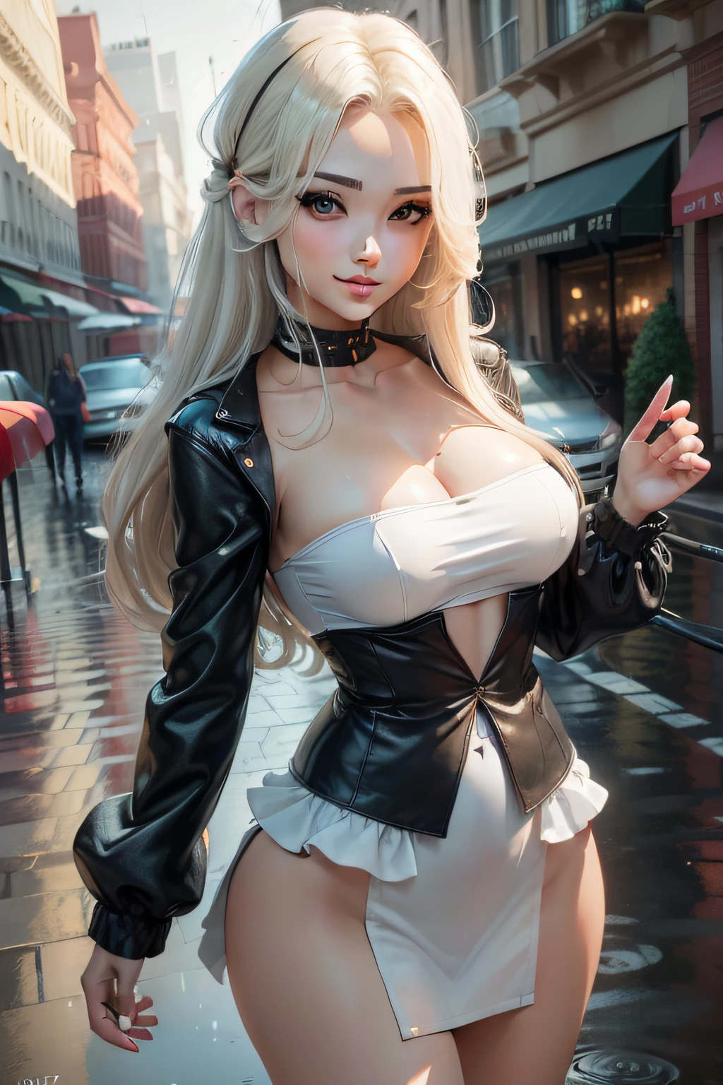 ((Best Quality, 8K, Masterpiece:1.3)), Focus: 1.2, Perfect Body Beauty: 1.4, Buttocks: 1.2, ((Layered Haircut, Breasts: 1.2)), (Wet Clothes: 1.1), (Rain, Street:1.3), Bandeau Dress: 1.1, Highly Detailed Face and Skin Texture, Fine Eyes, Double Eyelids, Whitening Skin, Long Hair, (Shut Up: 1.3), Smile
