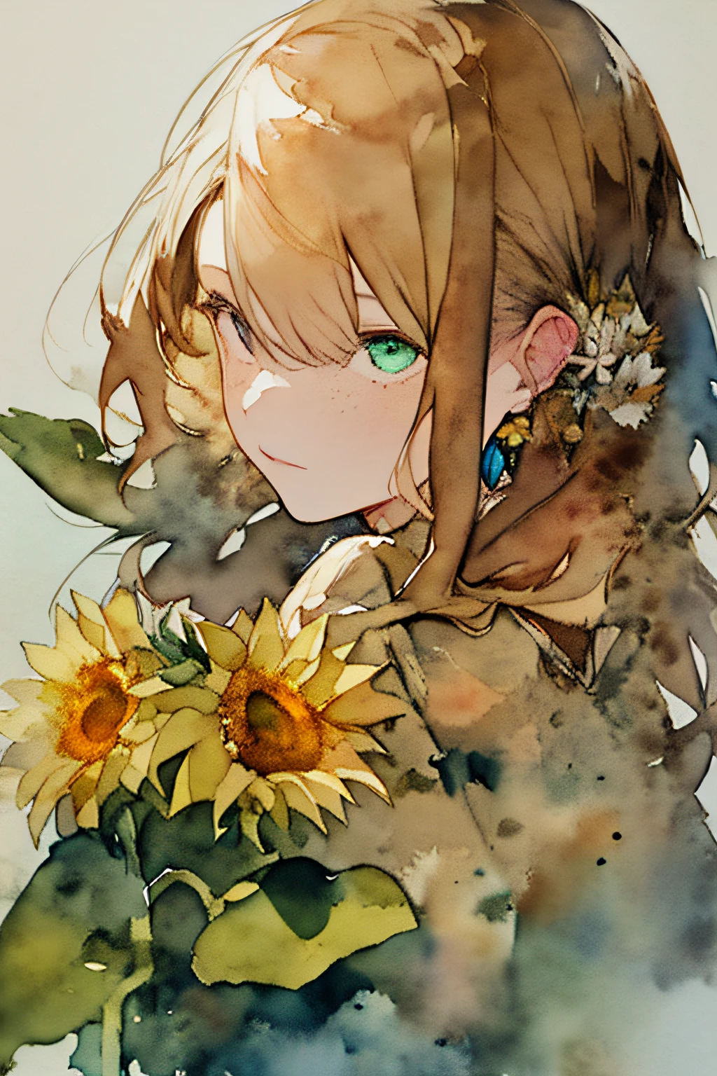 (watercolor:1.2),1girl, solo, flower, sunflower,freckles, portrait, leaf, bangs, signature, yellow flower, brown hair, long hair, green eyes, hair between eyes, flower earrings