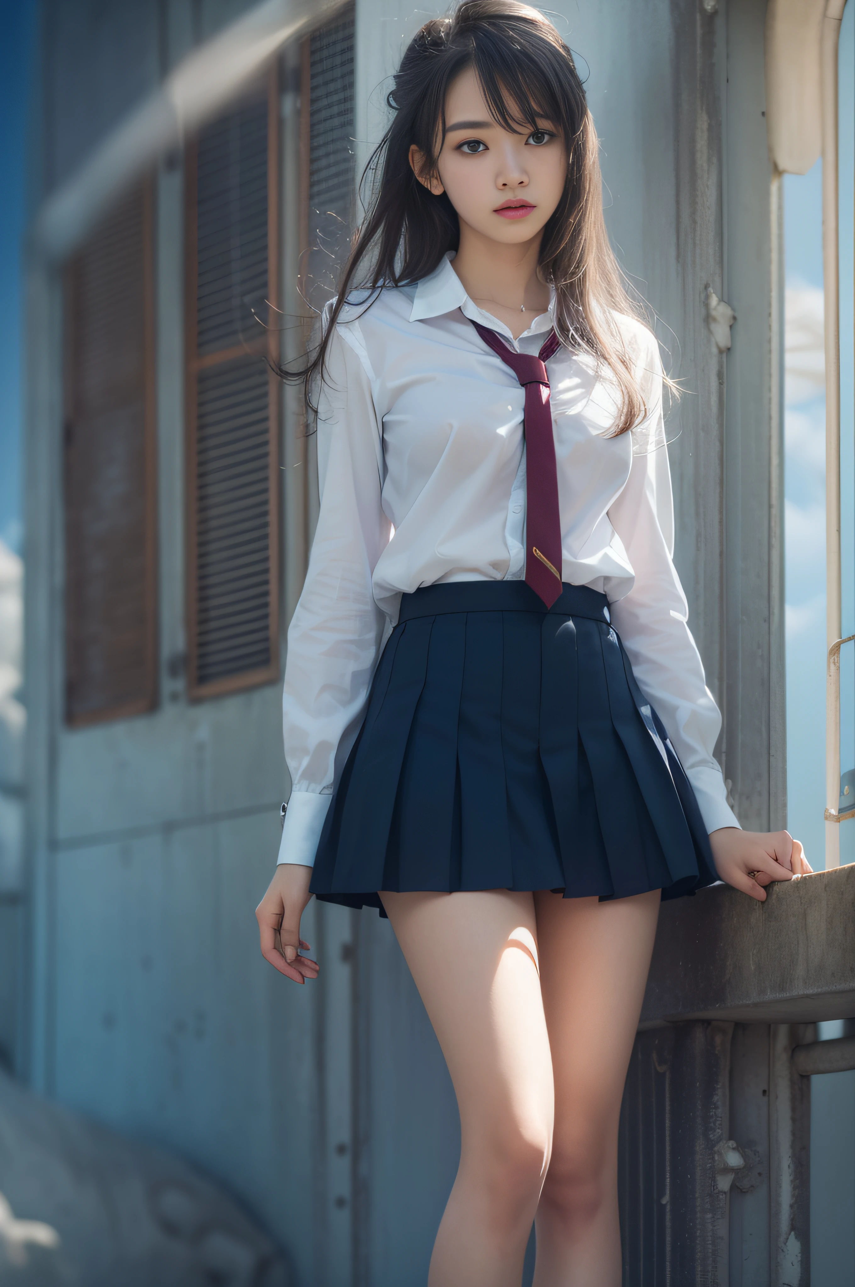 Raw photography:2、 Highest Quality、 realisitic:2、Photorealsitic:2、​masterpiece、extremely delicate and beautiful、finely detail、ultra-detailliert、hight resolution、Textured skin、1girl in、(Solo:2)、(Alone:2)、Japanese high school  girl、(18year old)、(From thigh up)、(beauitful face:1.7)、Adult face、tall、middlebreasts、Brown Long Hair、high school summer uniform、(darkblue miniskirt)、White short-sleeved shirt、neck tie、(Bare legs:1.3)、(Black loafers:1.2)、(white  panties:1.3)、(Sky from below:2)、heavy wind