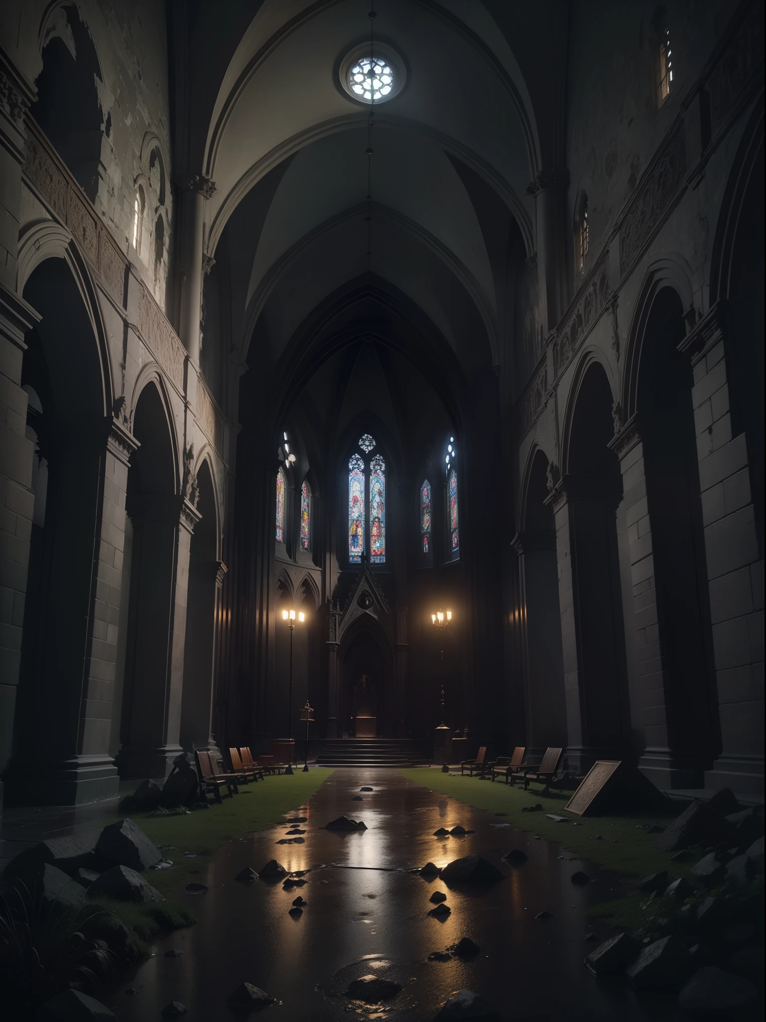 Interior of the dilapidated cathedral,Pitch-black walls,Pitch-black ground,Intricate Gothic decoration,There is a very large icon of Jesus,There was a Bible scribe writing,There are very many seats,Faint firelight,the night,Without sunlight,There are some torches on the walls,Wet ground,There is some standing water on the ground
