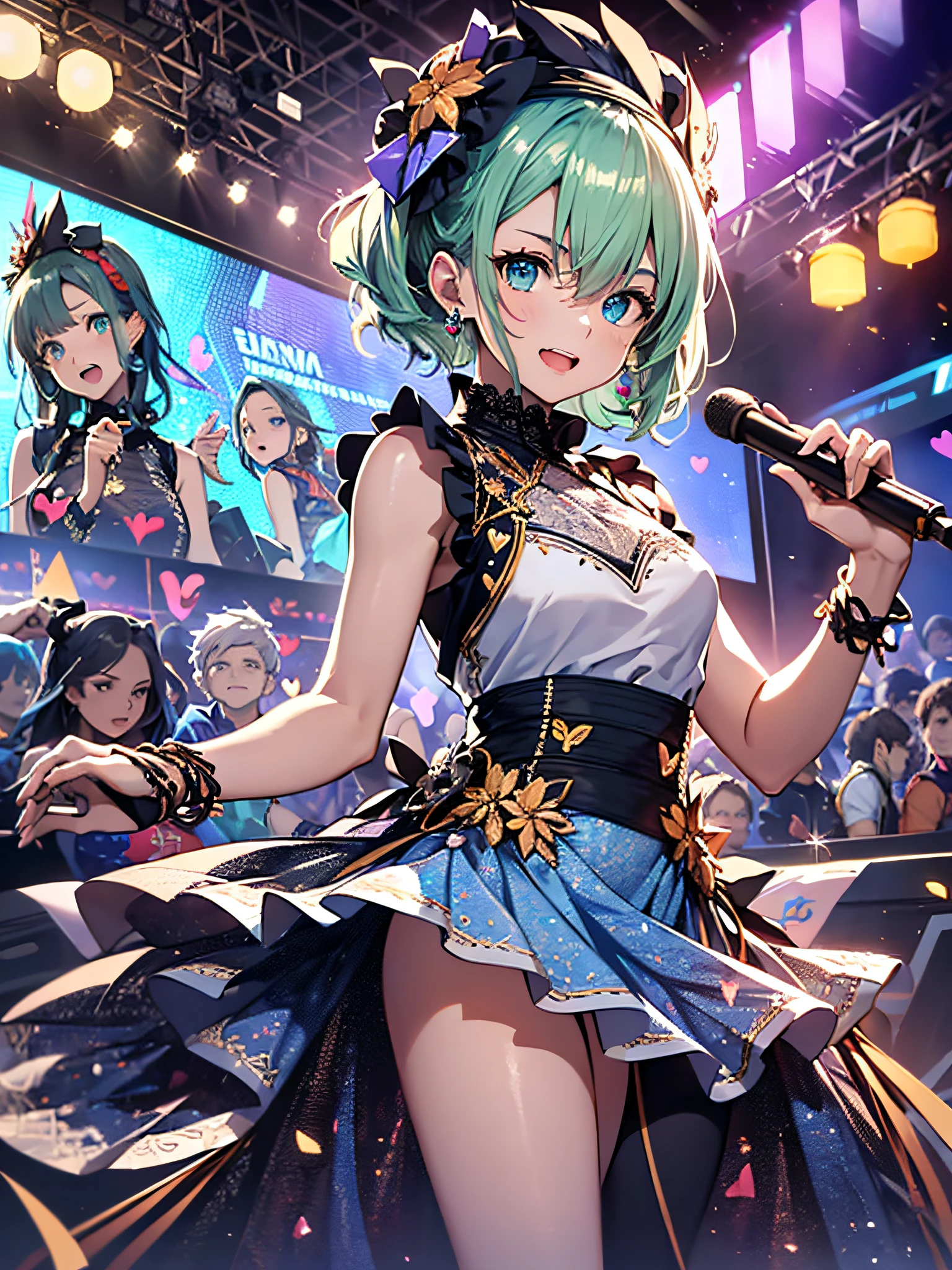 a girl is top idol, cinematic light, high resolution, best quality, ultra detailed, detailed face, (detailed eyes), highest quality, super detailed, masterpiece, (detailed face), pretty face, best smile, mature woman, (ultra-detailed embroidery and ribbons, idol costumes:1.5), (Sleeveless dress:2), (high waist Skirt with plenty of ruffles and lace:1.4), (Elegant idol costumes:1.2), high heels, blue eyes, pale green hair, short hair with outer honey, neon small shiny hair ends, AI fantasy concert, shining lighting with neon details, idol, (live stage:1.15), singing:3, scream, mike:3, (to the crowded audience in the background), reflection of light, heart-shaped iris, playful eyes, open shoulders, small shining butterflies, hair jewelry, panties that can be seen, wind, Underwear that can be shown