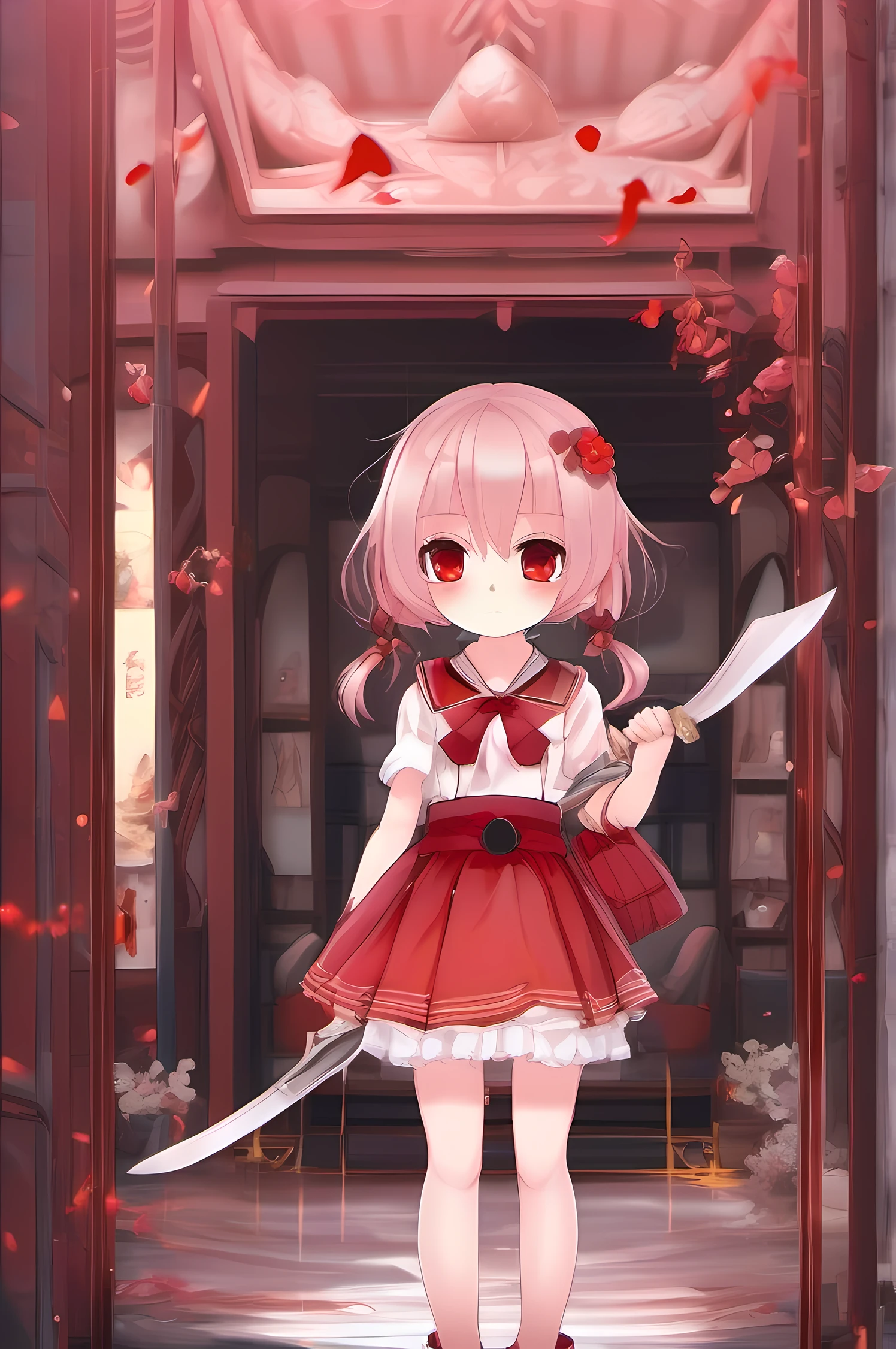 (Super cute loli:1.3)，Scythe in hand，Crimson Flame，A red gemstone necklace hangs from the neck，Pink emanates，Dull hair slightly scarlet，Small Man，babyfat，Wear a short skirt，The clothes are black and red，Scarlet pupils