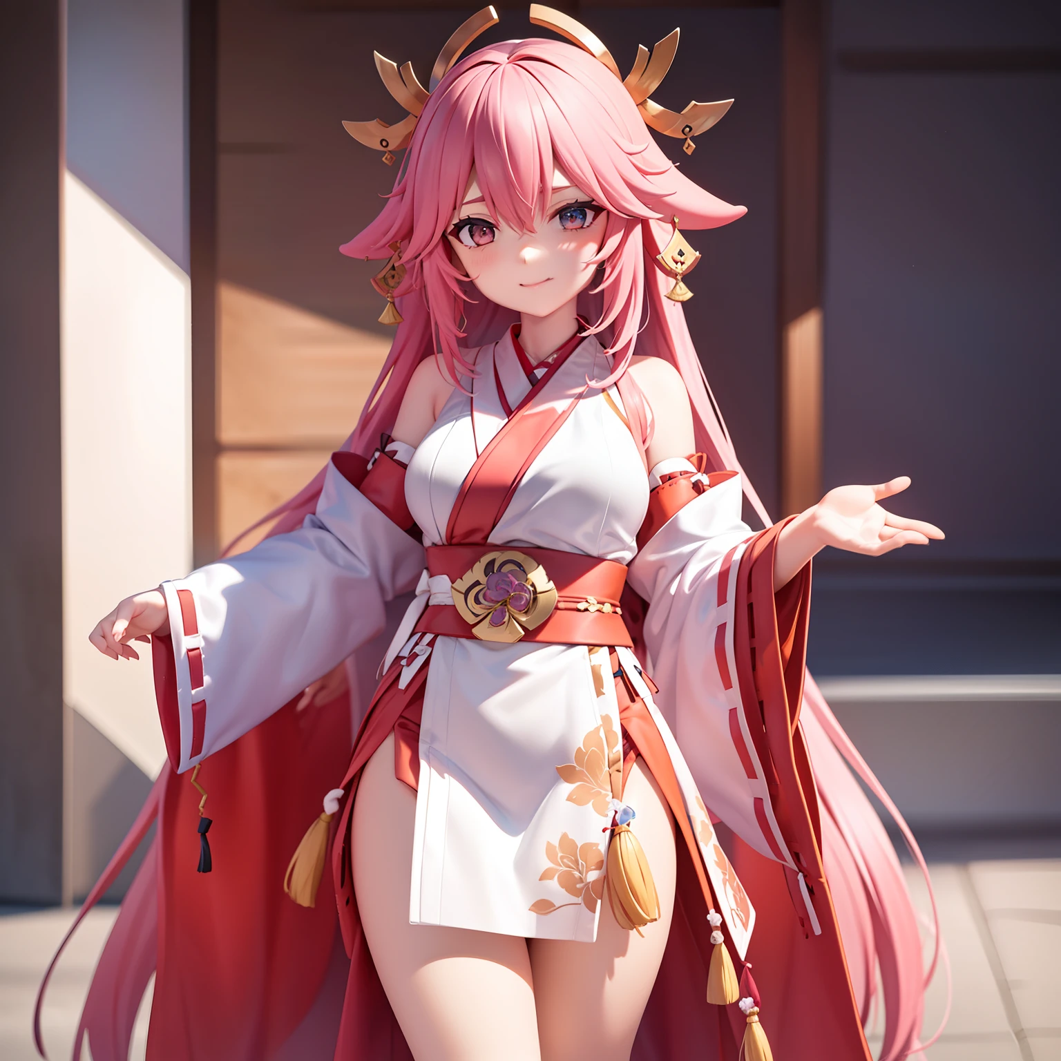 ((yae miko)):1.5,((masterpiece,Highest quality,Highly detailed images,Beautiful images)).(Image of Yae Miko smiling in front of a large cherry tree、shrine、Overall dim lighting、Backlight、Fantastic dark atmosphere、Thick Fog、Dust flutters)1.3,(Full body image of Yae Miko)1.2