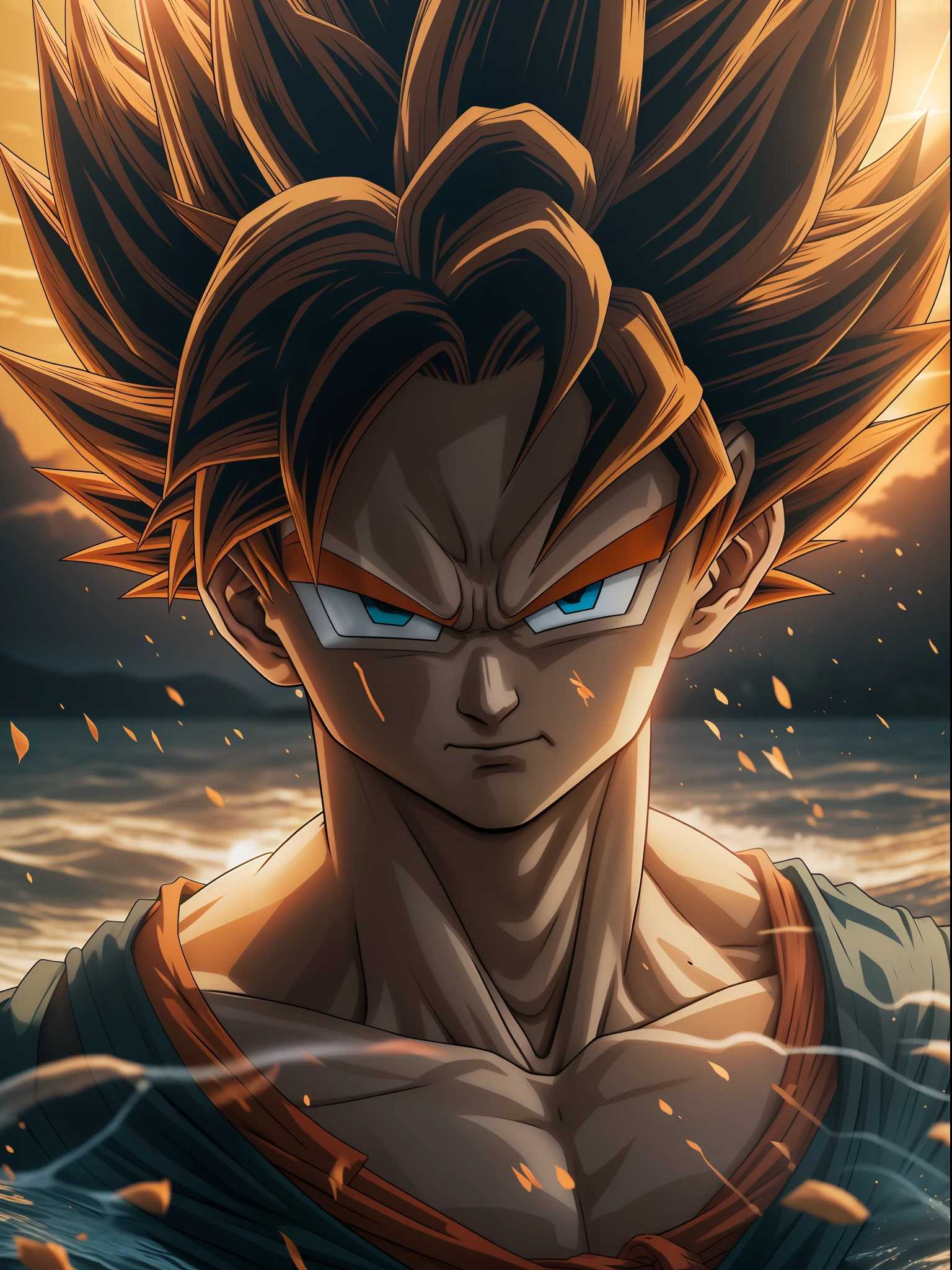 a close up of a person standing in the water with a sun in the background, goku from dragonball z, goku from dragon ball, phone wallpaper hd, goku from dragon ball z, son goku, phone wallpaper, goku, photorealistic human goku, human goku, strong silhouette, hd phone wallpaper, hq 4k phone wallpaper, mobile wallpaper, dragonball z
