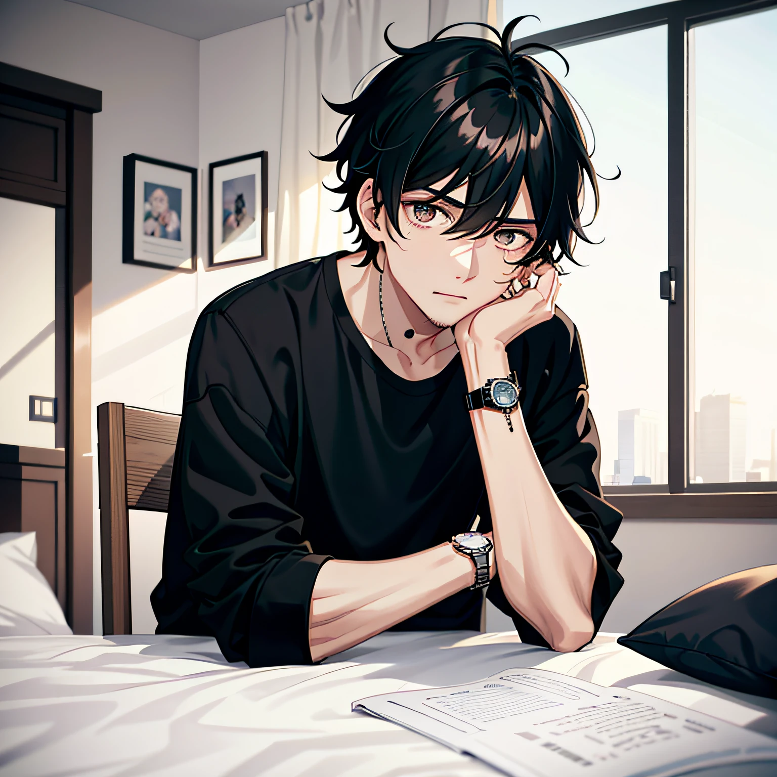 1boy, black hair, black shirt, Hazel eyes, watch, messy hair, 8k resolution, bed room, shabby bedroom, fierce, delicate facial features, cold, murderous, chill, sitting in a chair,