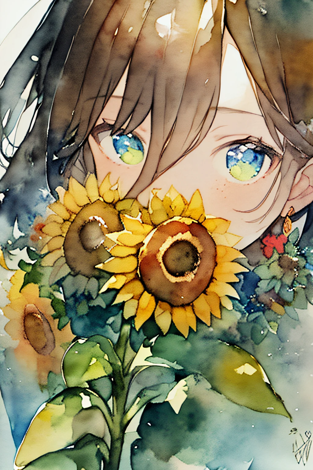 (watercolor:1.2),1girl, solo, flower, sunflower,freckles, portrait, leaf, bangs, signature, yellow flower, brown hair, long hair, green eyes, hair between eyes, flower earrings