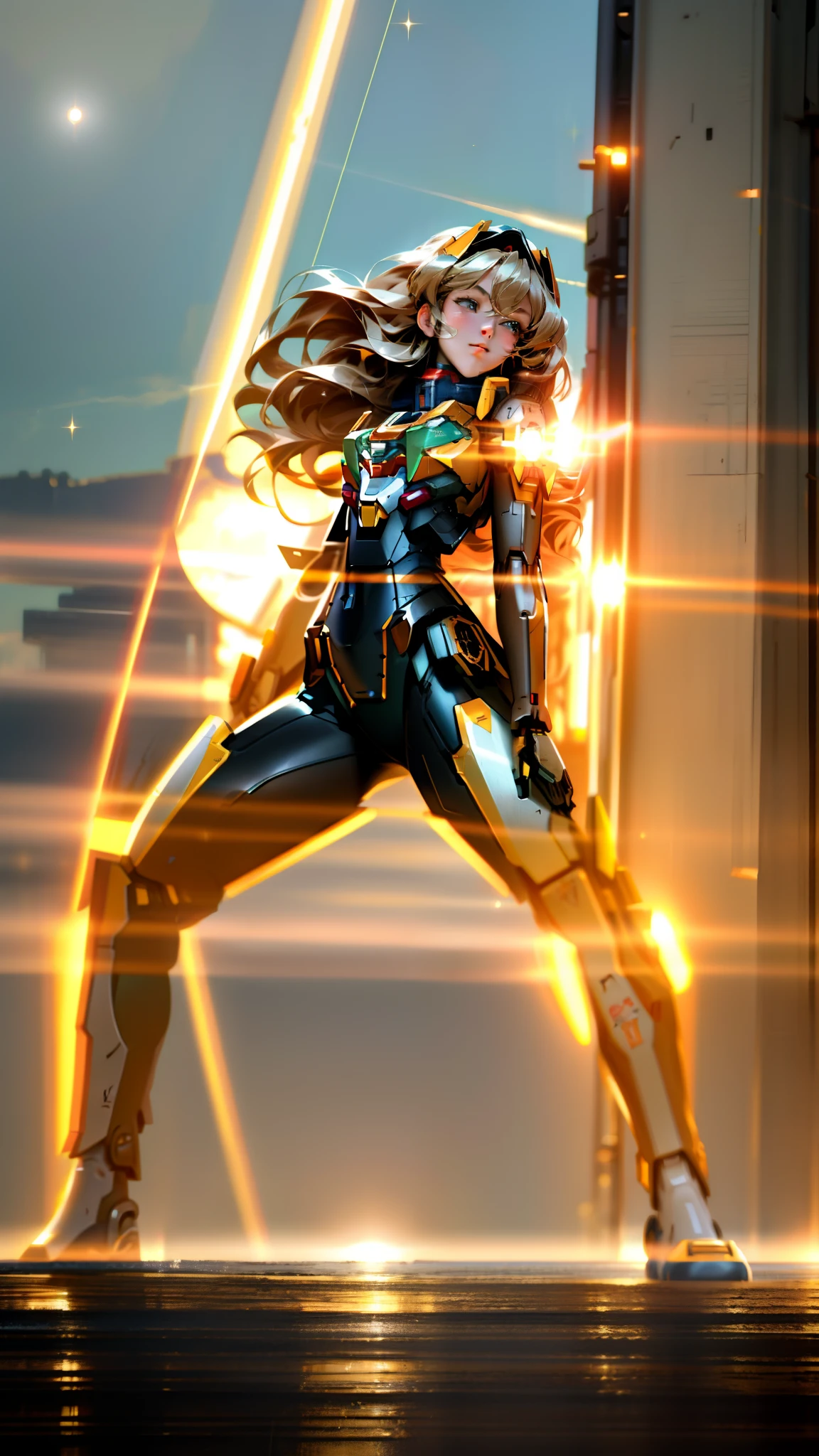 realistic, 1girl, mecha_musume, with extremely large robotic hands, large mecha arm, breasts, a giant (Gundam rx78-2 1.2) robot wiht a gun in its hand and Shield in the middle of the battlefield; (full Body1.2), and ruins,sparks, and flames surround it, Steel, edge rust, and edge wear, (extremely detailed CG unity 8k wallpaper), realistic, masterpiece, highest quality, ((scifi)), lens flare, ((light sparkles)), unreal engine, digital painting, trending on ArtStation, trending on CGSociety, Intricate, High Detail, dramatic, realism, beautiful and detailed lighting, shadows, opt-6000,{{make a fist}}, masterpiece, best quality, looking at viewer,, masterpiece, best quality,extremely detailed CG unity 8k wallpaper,illustration,ultra-detailed, {master piece}},best quality,illustration,1girl,small breast,beatiful detailed eyes,beatiful detailed cyberpunk city,flat_chest,beatiful detailed hair,wavy hair,beatiful detailed steet,mecha clothes,robot girl,cool movement,sliver bodysuit,{filigree},semi-naked, masterpiece, best quality, masterpiece, best quality,huge breasts, very sexy