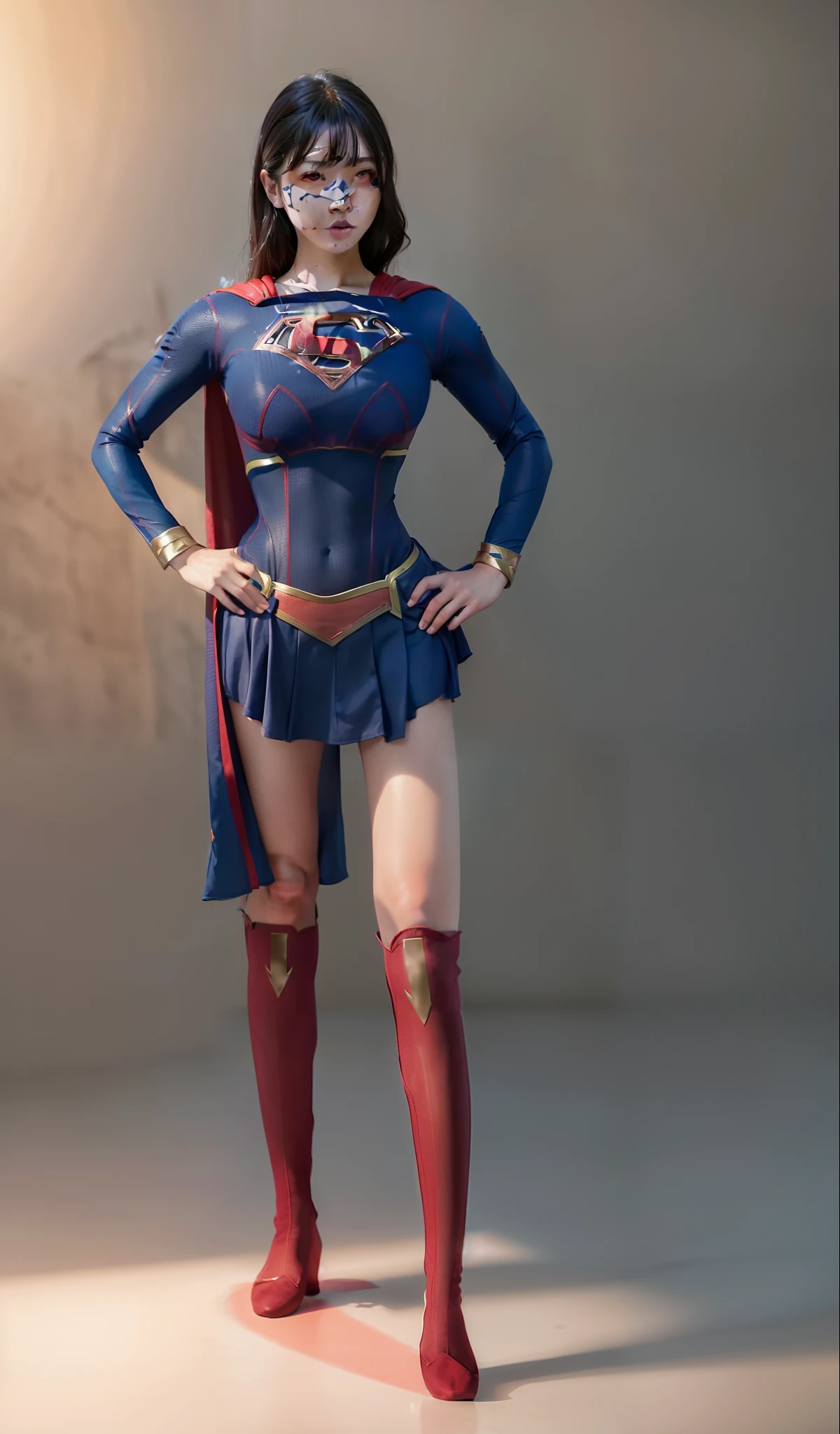 (((Make the most of the original image)))、(((Supergirl Costume)))、((Stockings are torn))、((Top image quality、8K))、((top-quality、8K、masterpiece:1.3))、Crisp focus:1.2、Beautiful woman with perfect body shape:1.4、Slender Abs:1.2、((layers-Cut、large boob:1.2))、a wet body:1.5、Highly detailed facial and skin texture、
