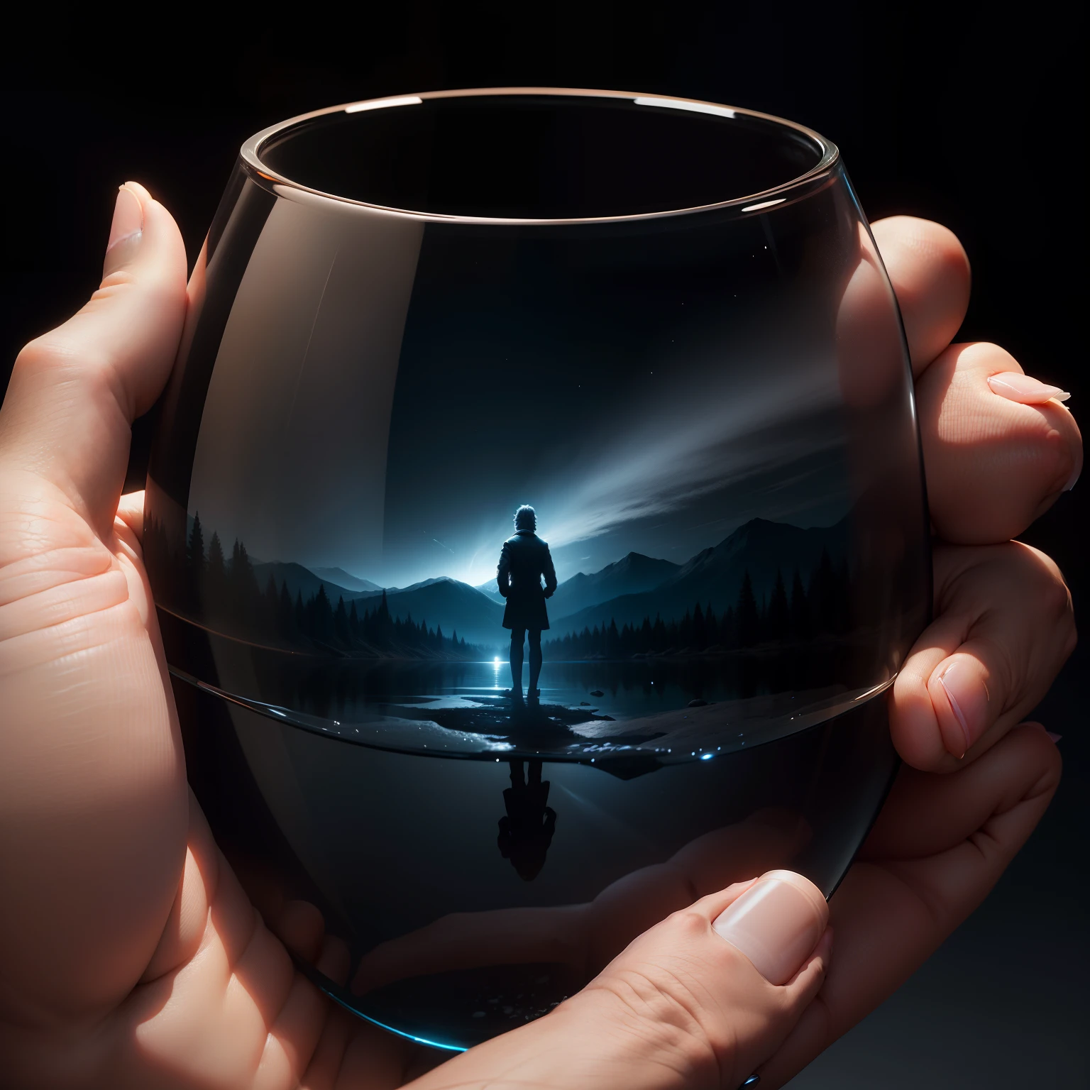 A transparent glass at night and a hand approaching it in the ultra-realistic 4k full HD darkness