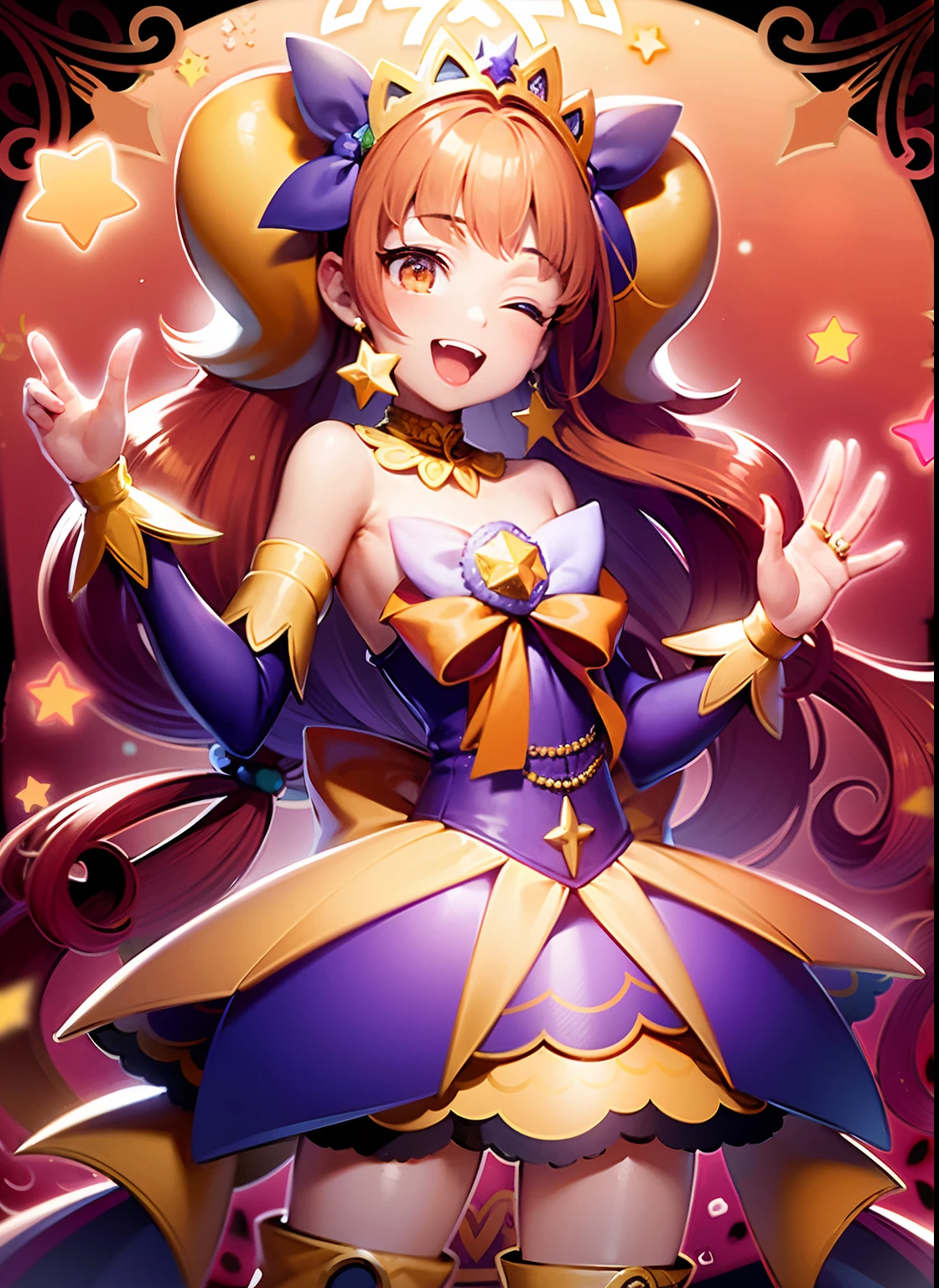 Cartoon image of a man in a dress with a star on his head, Official art, Sparkling Magical Boy, official artwork, Prince in anime, hq artwork, Bright Demon, fanart, He has orange-brown hair. Beautiful, An orange halo around his head, Orange and yellow costume, marin kitagawa fanart, Star Sparkle, Magical shiny skin, Promotional Art, Dress Up Darling Anime