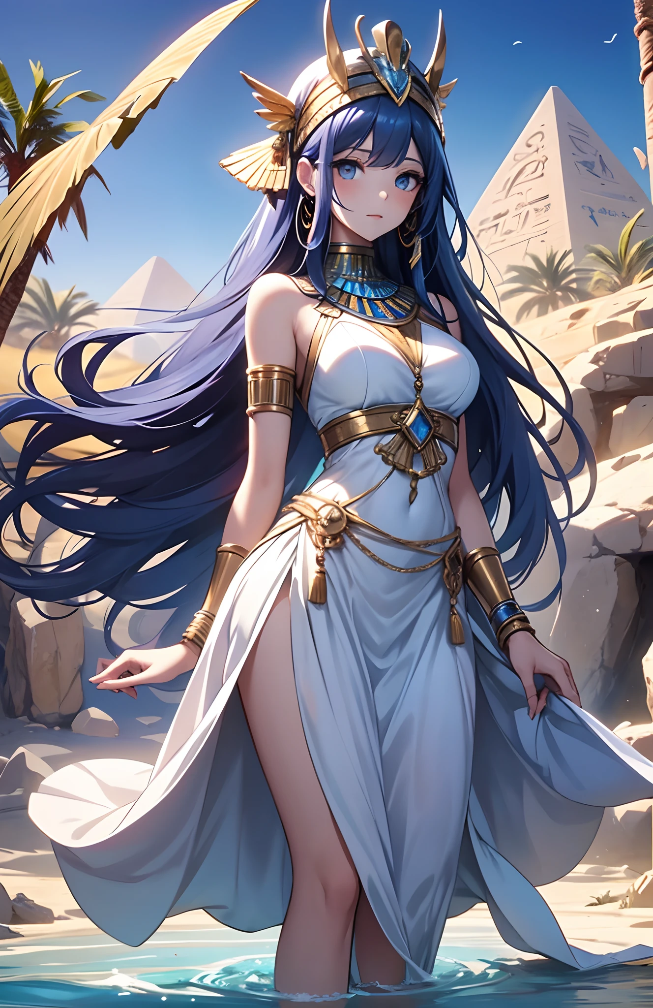 best quality,tmasterpiece,final resolution,The soft,Extremely colorful,Colorful,Oasis background,Ancient Egyptian woman,Long azure hair,A mature woman,Egyptian-style white long dress,a white long skirt,Desert oasis,Nile River,Normal posture