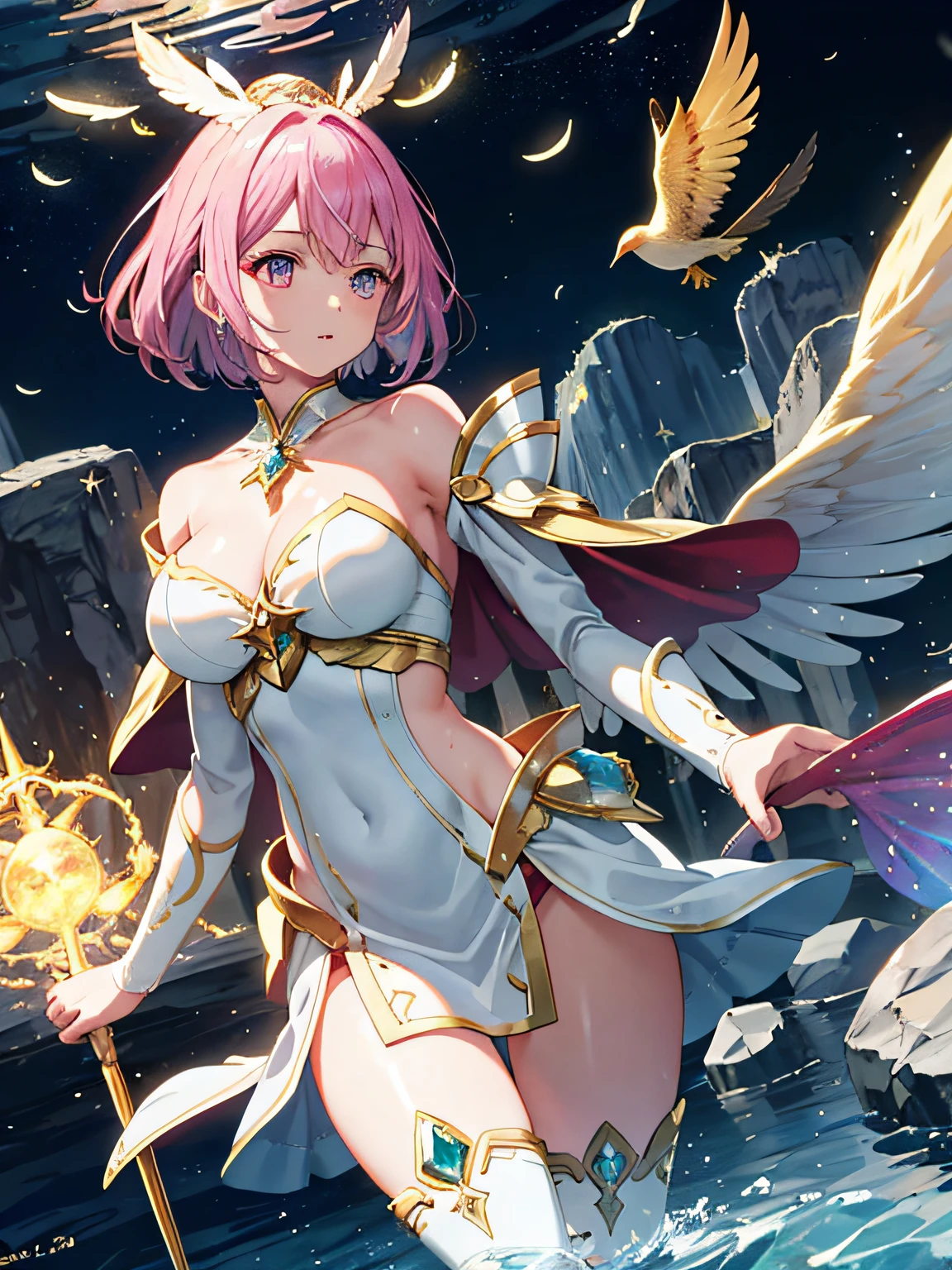 Water feathers，16-year-old girl，Wear a golden mage robe，ultra - detailed，big breasts beautiful，4K，Magma area，Use pink glow magic，Many-Layer Textures、Albedo e mapas Speculares、Surface coloring