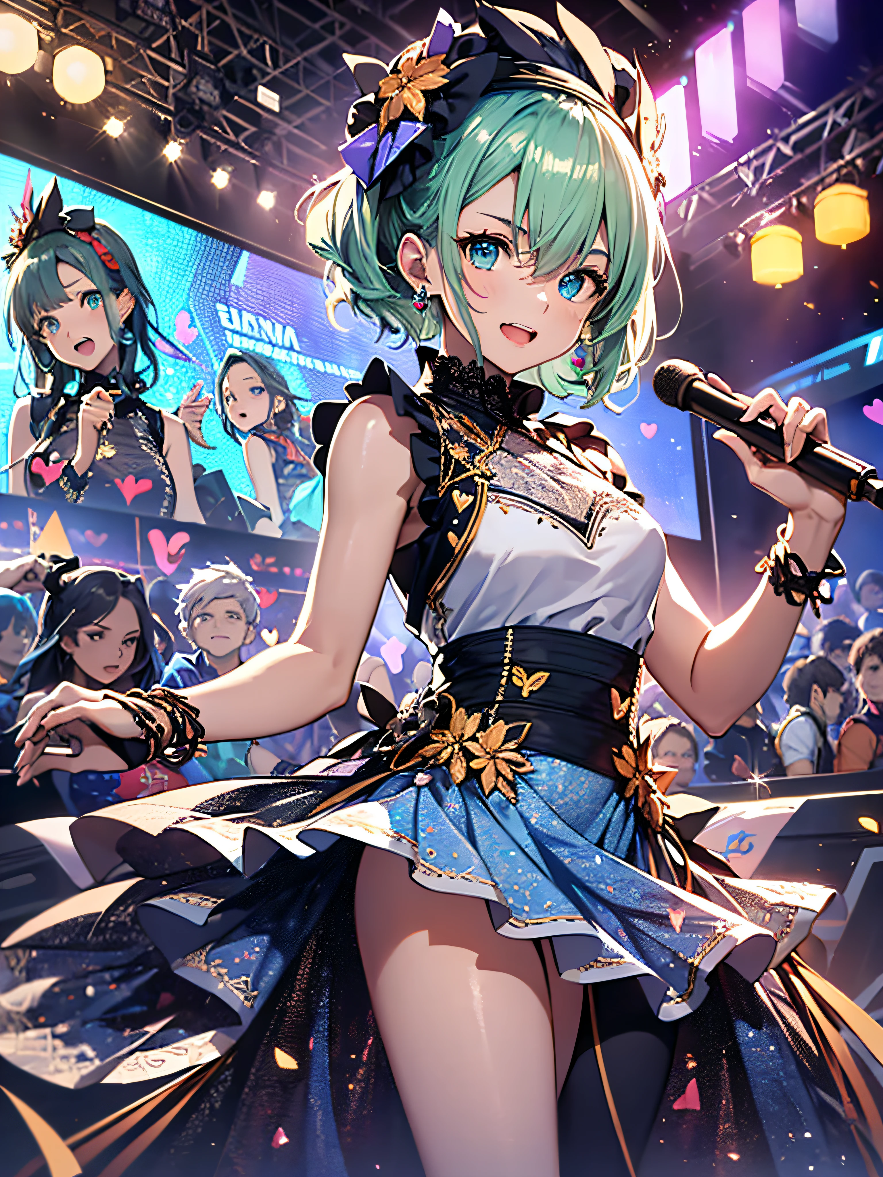 a girl is top idol, cinematic light, high resolution, best quality, ultra detailed, detailed face, (detailed eyes), highest quality, super detailed, masterpiece, (detailed face), pretty face, best smile, mature woman, (ultra-detailed embroidery and ribbons, idol costumes:1.5), (Sleeveless dress:2), (high waist Skirt with plenty of ruffles and lace:1.4), (Elegant idol costumes:1.2), high heels, blue eyes, pale green hair, short hair with outer honey, neon small shiny hair ends, AI fantasy concert, shining lighting with neon details, idol, (live stage:1.15), singing:3, scream, mike:3, (to the crowded audience in the background), reflection of light, heart-shaped iris, playful eyes, open shoulders, small shining butterflies, hair jewelry, panties that can be seen, wind, Underwear that can be shown